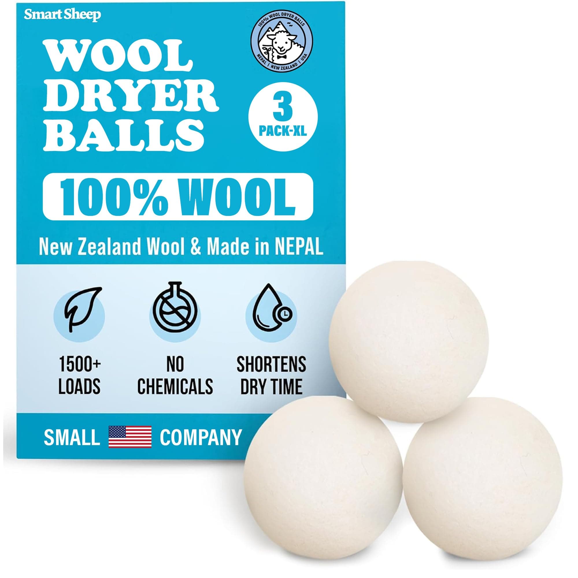 Wool Dryer Balls - Smart Sheep 3-Pack - XL Premium Natural Fabric Softener Award-Winning - Wool Balls Replaces Dryer Sheets - Laundry Balls White