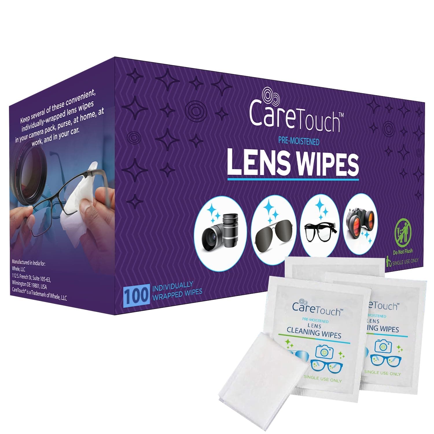 Care Touch Lens Wipes for Eyeglasses- 100 Count Individually Wrapped Pre- Moistened Wipes, 5 x 6 Inch- Camera Lens, Sunglasses and Glasses Cleaner,- Gentle and Portable for Cleaning of Optical Devices 100 Count (Pack of 1)