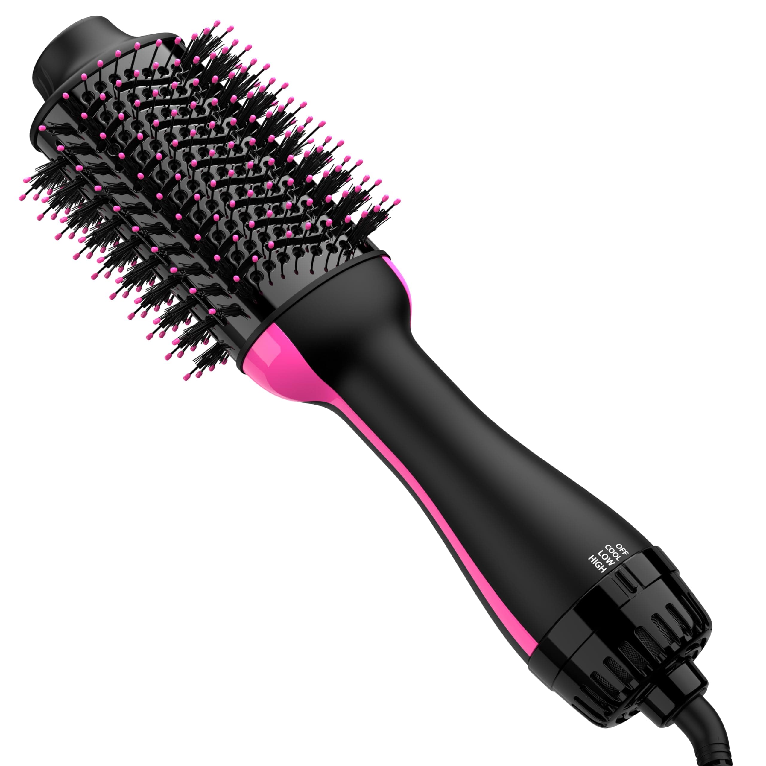 Hair Dryer Brush Blow Dryer in One, Upgraded 4 in 1 Hair Dryer and Styler Volumizer with Negative Ion Anti-frizz Ceramic Titanium Barrel Hot Air Hair Straightener Brush Black/Pink