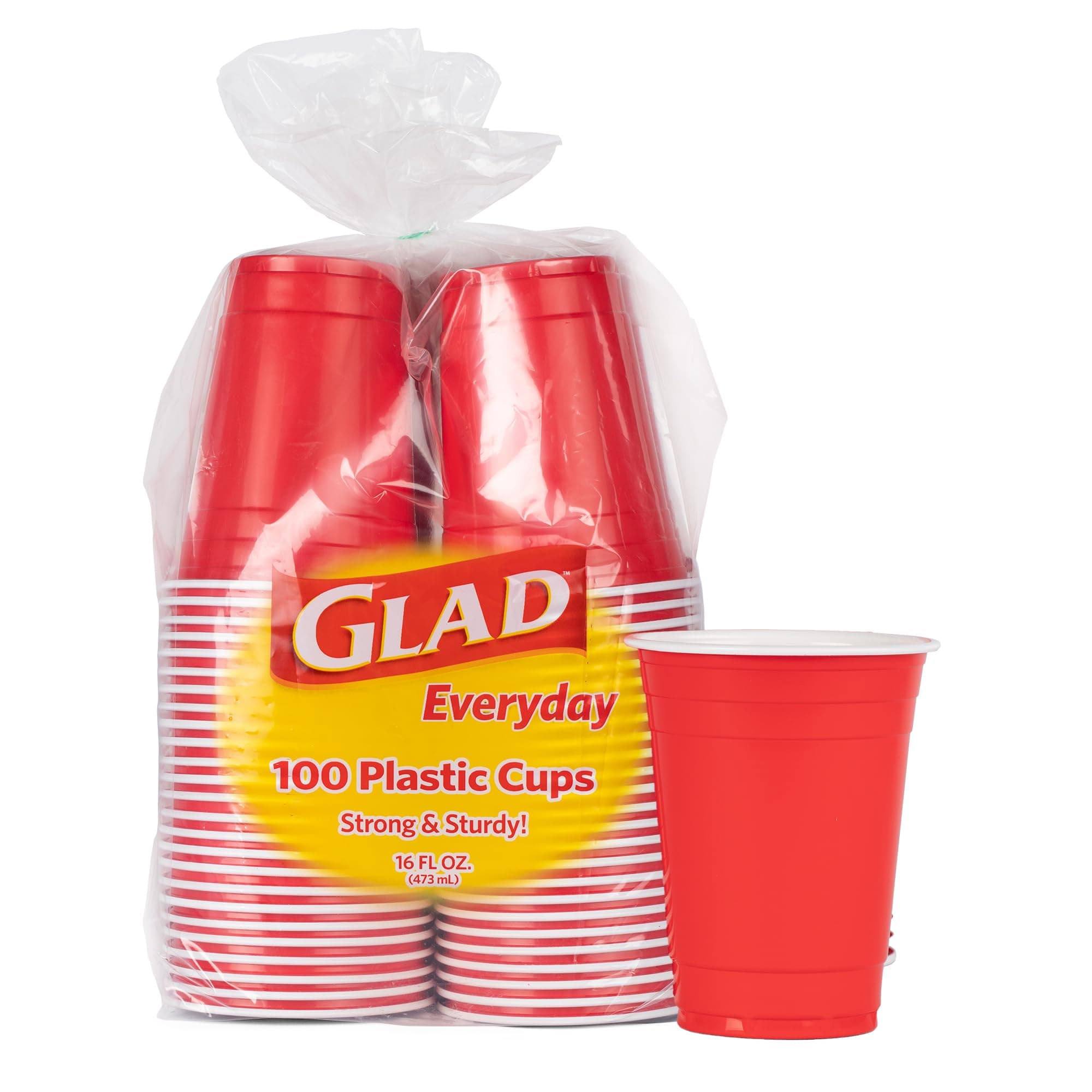 Glad Everyday Disposable Plastic Cups - Red Plastic Party Cups for All Occasions - Heavy Duty Plastic Drinking Cups for Parties or Everyday - 16 Ounce, 100 Count Red 100 Count (Pack of 1)