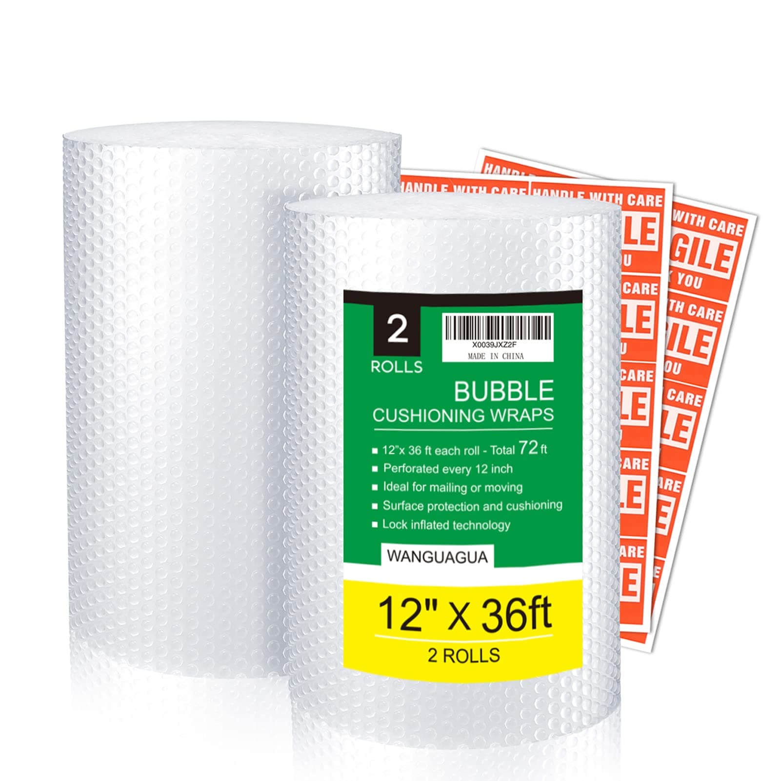 wanguagua 2 Pack 12 Inch x 72 ft Total Bubble Packing Wrap for Moving Boxes Shipping Cushioning Supplies Perforated Every 12” 12in. x 36ft. / 2 Rolls Clear
