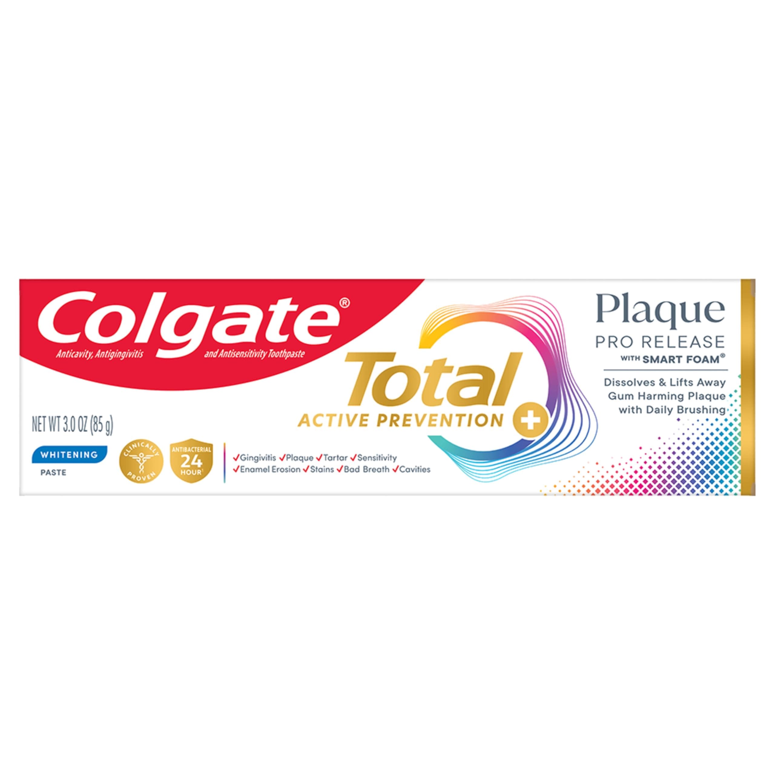 Colgate Total Plaque Pro Release Whitening Toothpaste, Whitening Fluoride Toothpaste, Fights Plaque, Bad Breath, Tartar Buildup, and Helps Protect Teeth from Sensitivity, 3.0 oz 3 Ounce (Pack of 1) Whitening