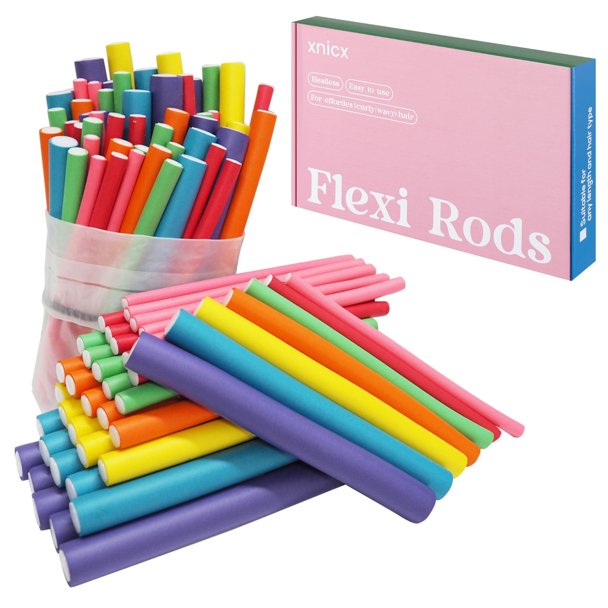 47 pcs 7'' Hair Curlers Rollers Flexi Rods Flexible Curling Rods Set No Heat Heatless Bendy Foam Hair Curls for Long,Medium,Short Hair to Sleep in Pink