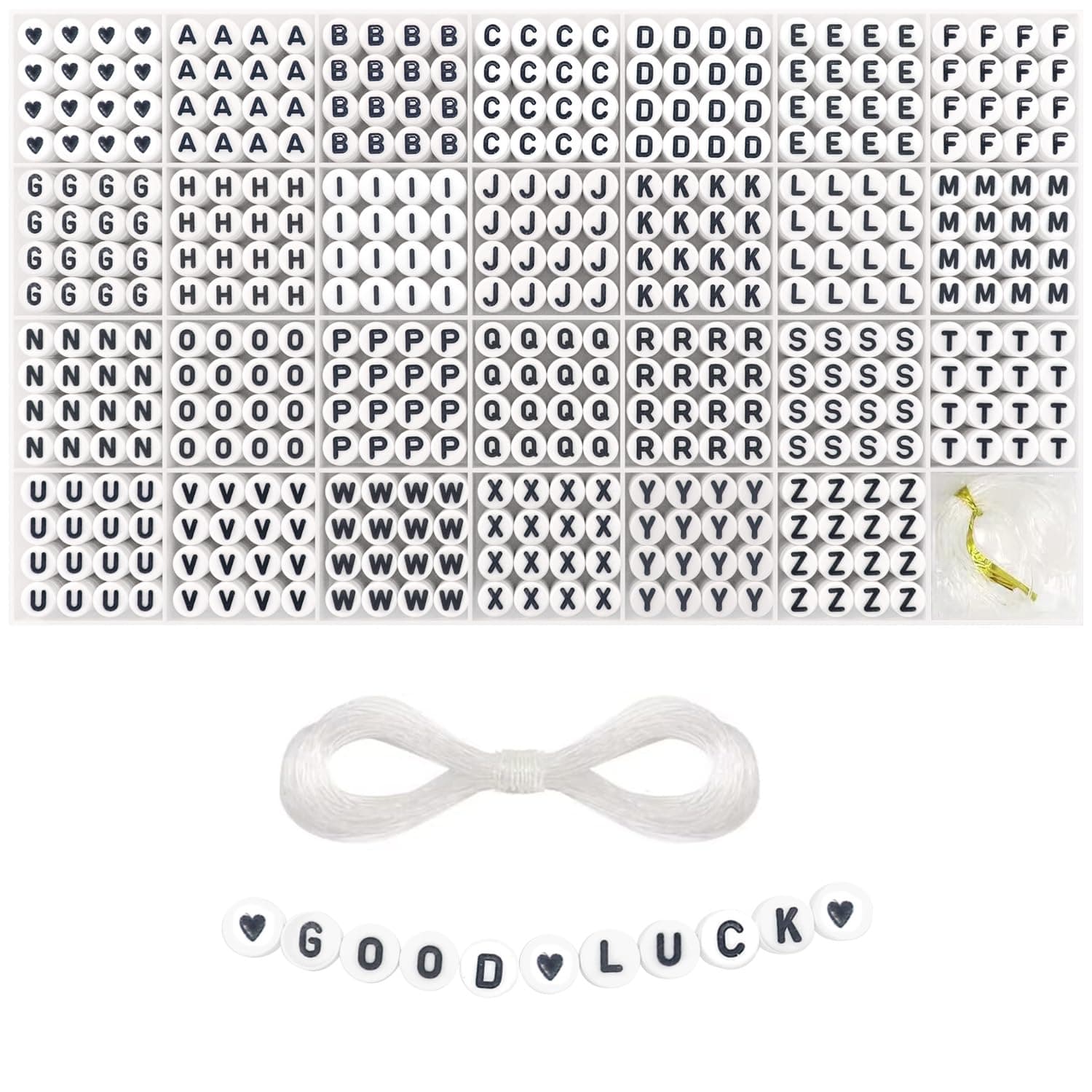1400 Pieces 4x7mm White Round Acrylic Alphabet Letter Beads A-Z Heart Pattern Beads and Crystal Line for Jewelry Making Bracelets Necklaces Key Chains