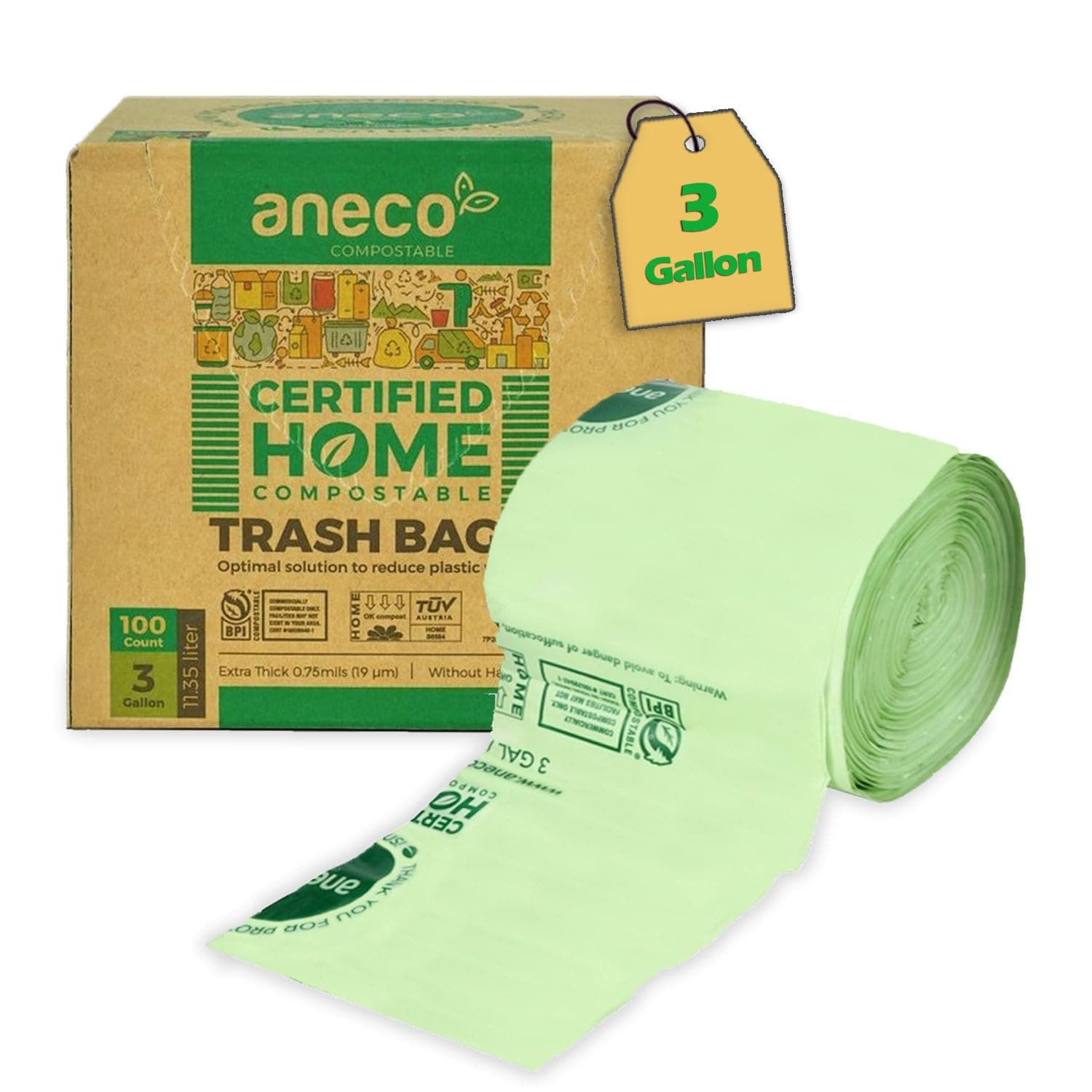 ANECO 100% Compostable Food Waste Bags 3 Gallon, 100 Count, Extra Thick Compost Bags for Countertop Bin, Small Compost Bag, Food Waste Bags with TUV OK Compost Home and BPI certified 3 GAL (Flat Top Bags, 100 Count)
