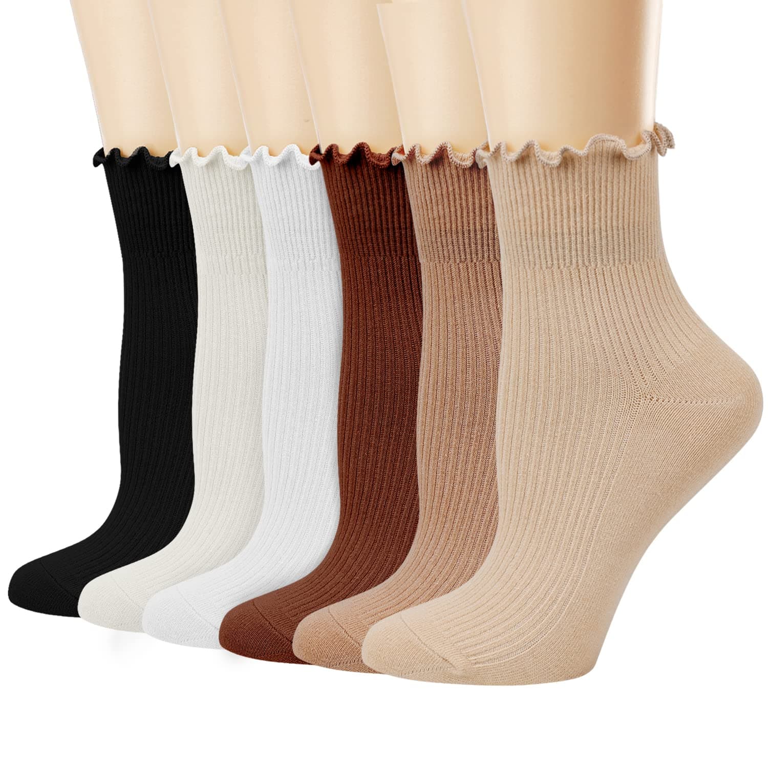 Mcool Mary Women's Ruffle Socks,Casual Cute Ankle Breathable Knit Cotton Soft Frilly Crew Socks for Women 6 Pack 5-9 6colors(apricot+light Brown+brown+white+milky White+black)