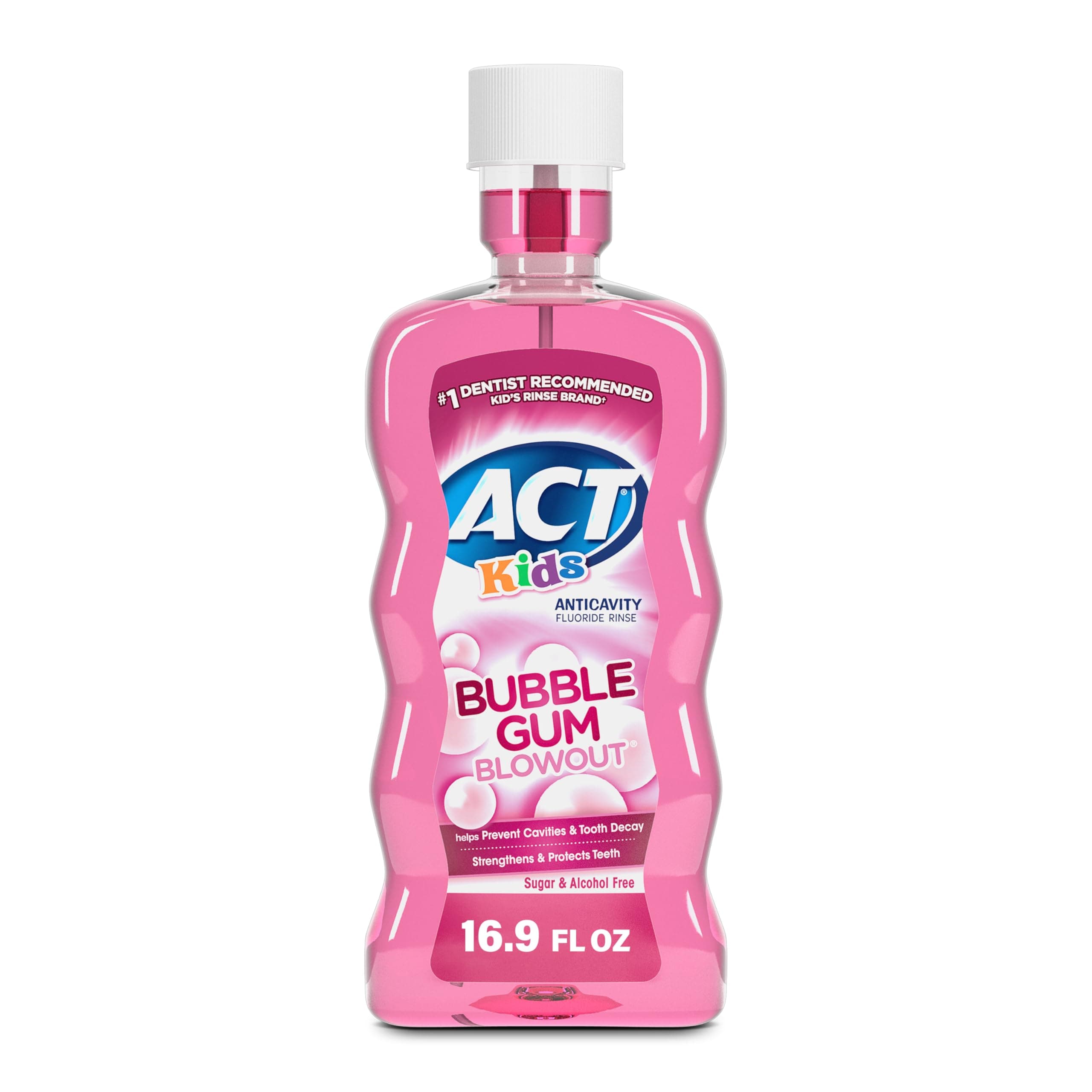 ACT Kids Anticavity Fluoride Mouthwash, Sugar & Alcohol Free Mouth Rinse Strengthens Teeth, Bubble Gum Blowout, 16.9 fl. oz. 16.9 Fl Oz (Pack of 1)