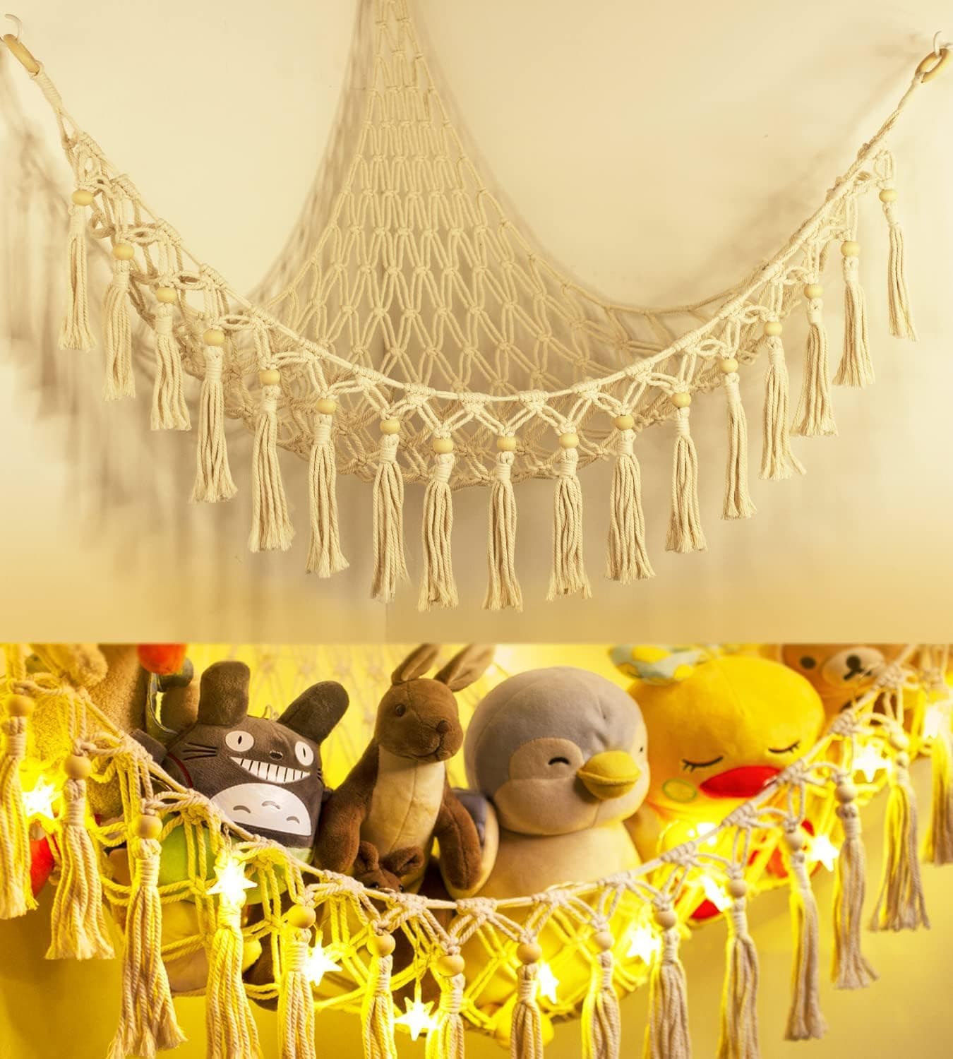Stuffed Animal Toy Storage Hammock with LED Light - Macrame Jumbo Doll Corner Stuff Animals Organizer Decorations - Cute Hanging Plushie Net Kids Baby Nursery Bedroom Room Decor Beige L (39.5"*39.5"*48")