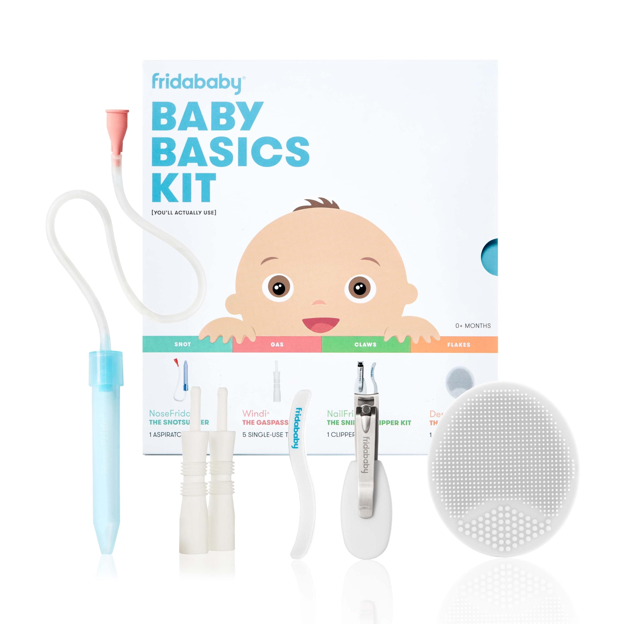 Frida Baby Basics Kit, 6pc Baby Essentials Kit Includes Nasal Aspirator Snotsucker, NailFrida Nail Files, Windi Gas Relief, DermaFrida Bath Brush + Silicone Carry Case 1 Count (Pack of 1) Baby Basics Kit
