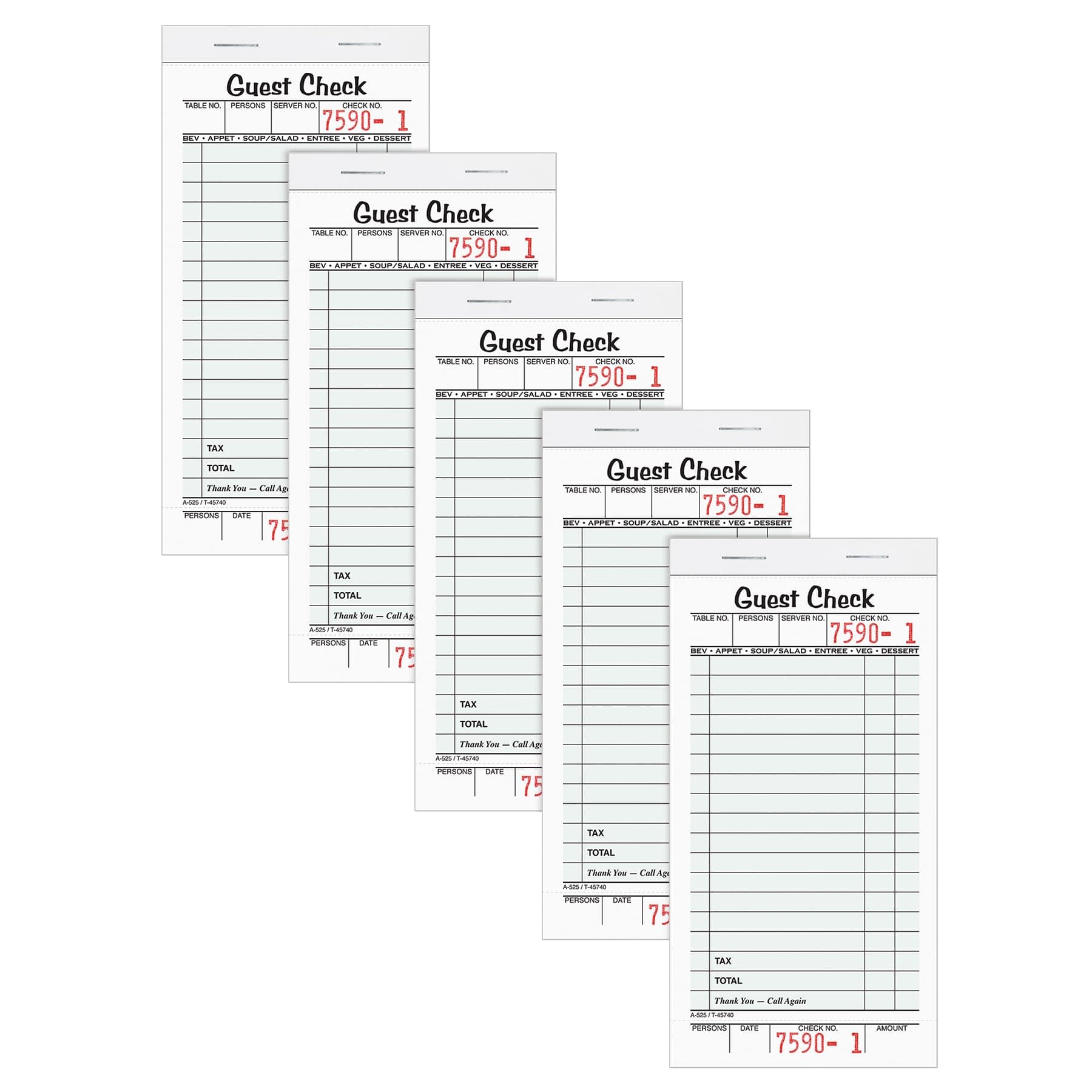 Adams Guest Check Pads, Single Part, Perforated, White, 3-2/5" x 6-3/4 ", 50 Sheets/Pad, 5 Pads/Pack (525SWMT) 3-2/5 x 6-3/4 Inches