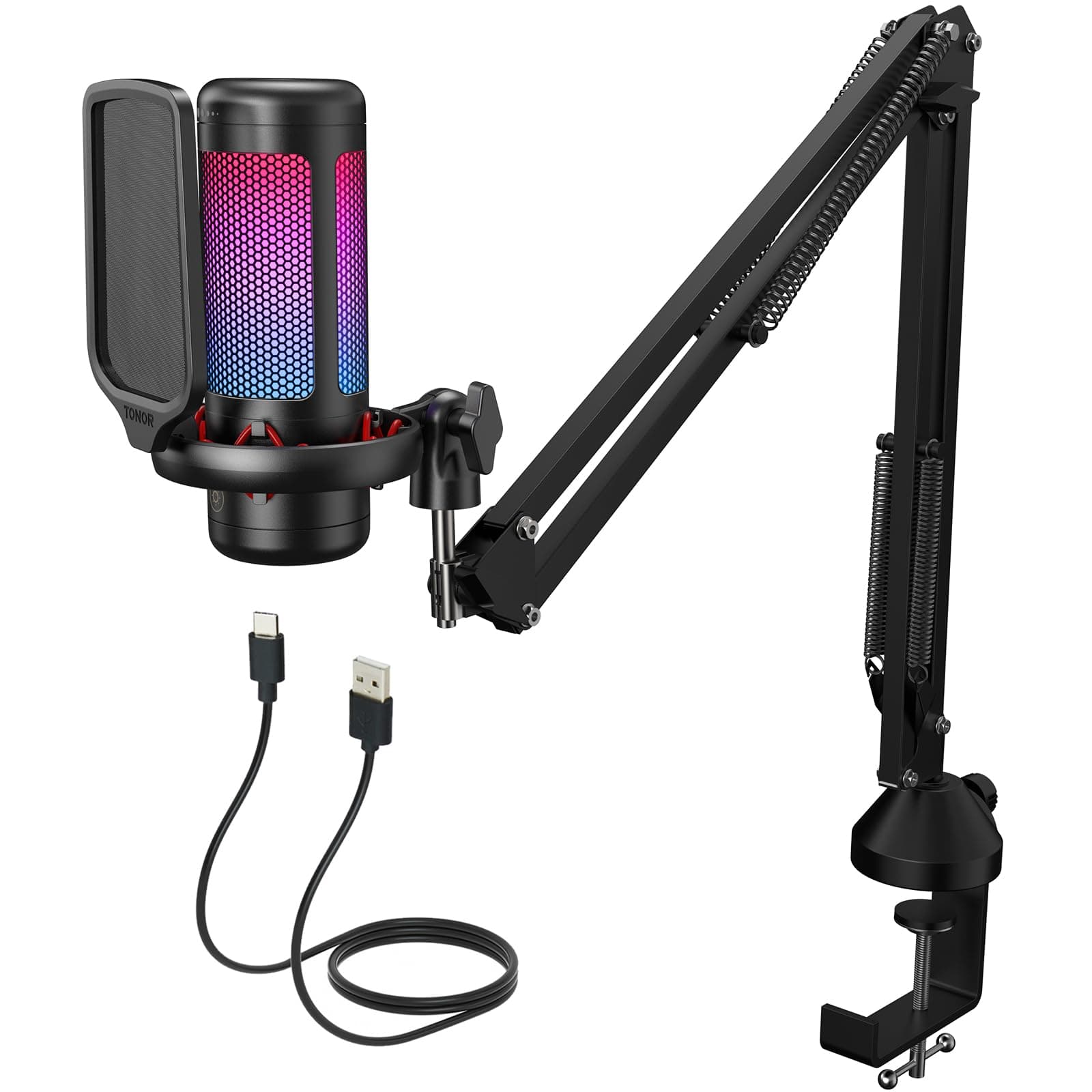 Gaming USB Microphone Set for PC, TONOR RGB Condenser Mic with Boom Arm Quick Mute, RGB Lighting, Pop Filter, Shock Mount, Gain Control for Streaming Podcasting Recording Discord Twitch YouTube TC310+ TC310+ Black