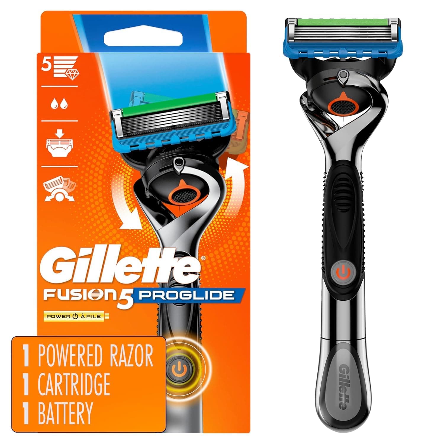 Gillette ProGlide Power Razor for Men, 1 Gillette Power Razor Handle + 1 Blade Refill 1 Count (Pack of 1)