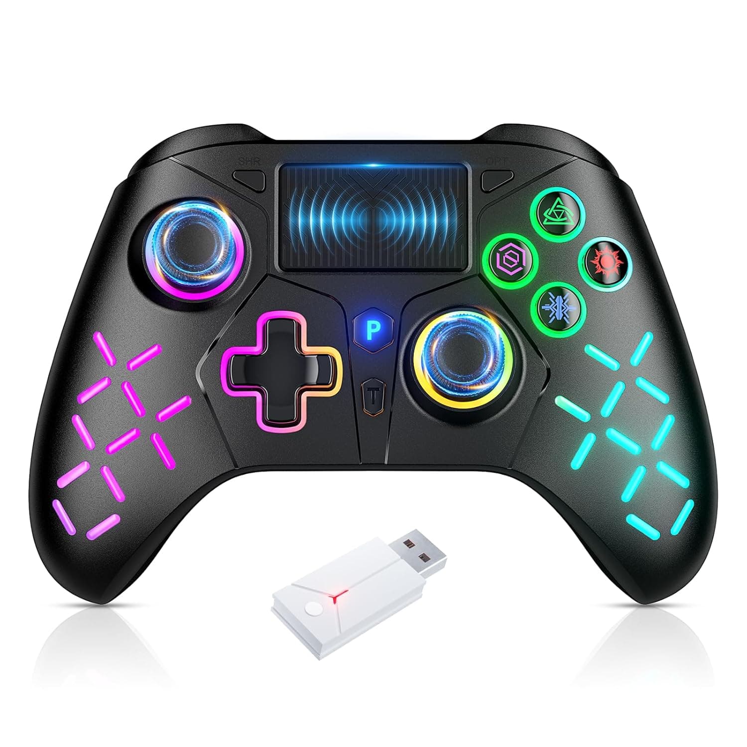 Gamrombo LED Wireless Controller for PS5/PS5 Pro/PS5 Slim with 2.4G Adapter, Compatible with PS4/Windows, Dual Vibration Gamepad with Marco/Turbo Function with 3.5mm headphone Jack, Need Update The Software to Pair with the PS5 Black RBG
