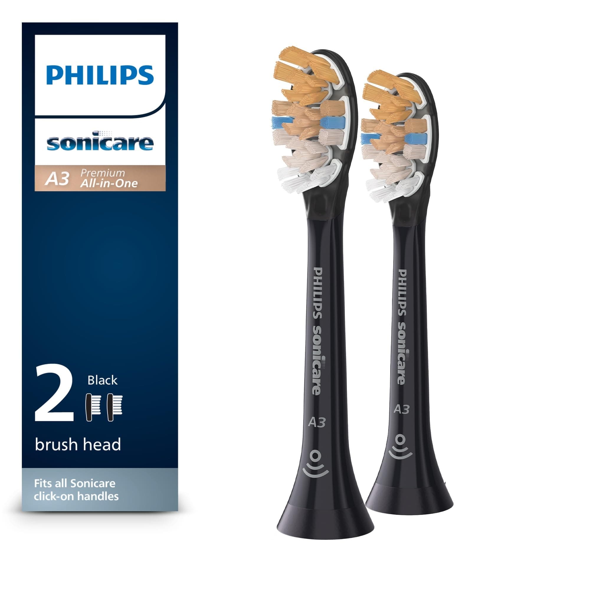 Philips Sonicare A3 All-in-One - Genuine Replacement Electric Toothbrush Heads, Black, 2 Pack, HX9092/95 2 Count (Pack of 1) Black
