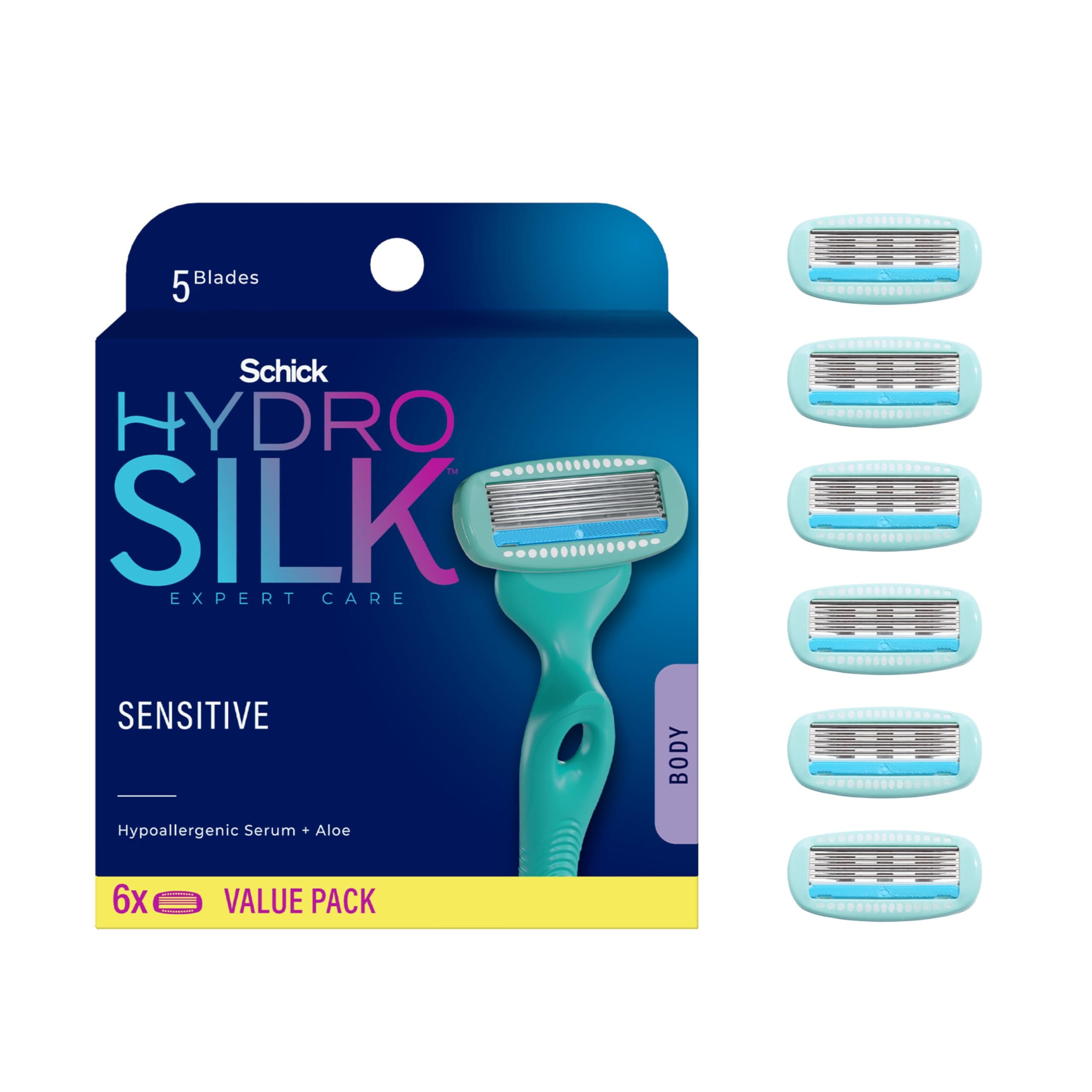 Schick Hydro Silk Sensitive Razor Blade Refills, 6 Count | 5-Blade Sensitive Skin Razors for Women | Womens Razor Refills for Sensitive Skin 6 Count (Pack of 1) Hydro Silk Sensitive Razor Blade