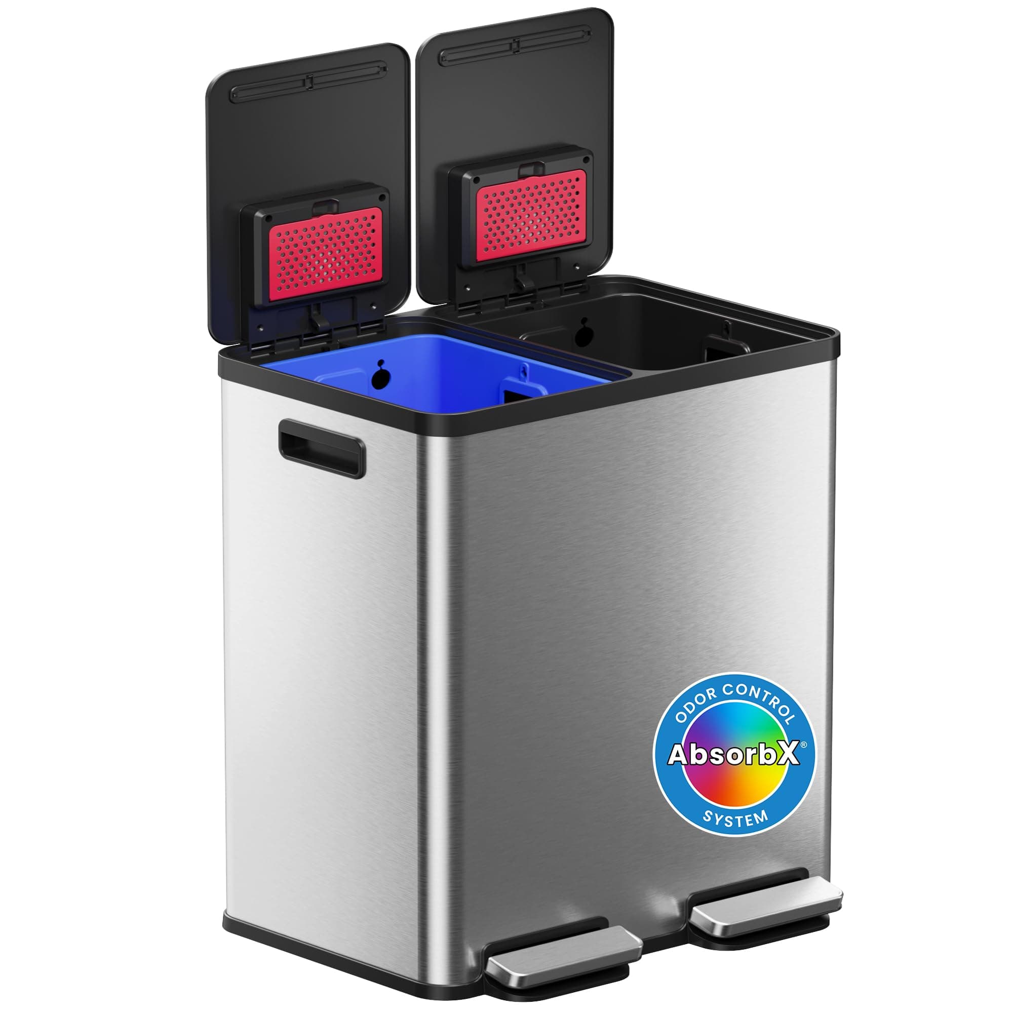 iTouchless 60 Liter / 16 Gallon Dual Compartment Kitchen Trash Can & Recycling Bin, Soft-Close, Odor Filter, Hands-Free Step Pedals, Color-Coded Removable Buckets, Smudge-Resistant Stainless Steel Brushed Silver, Black Lid