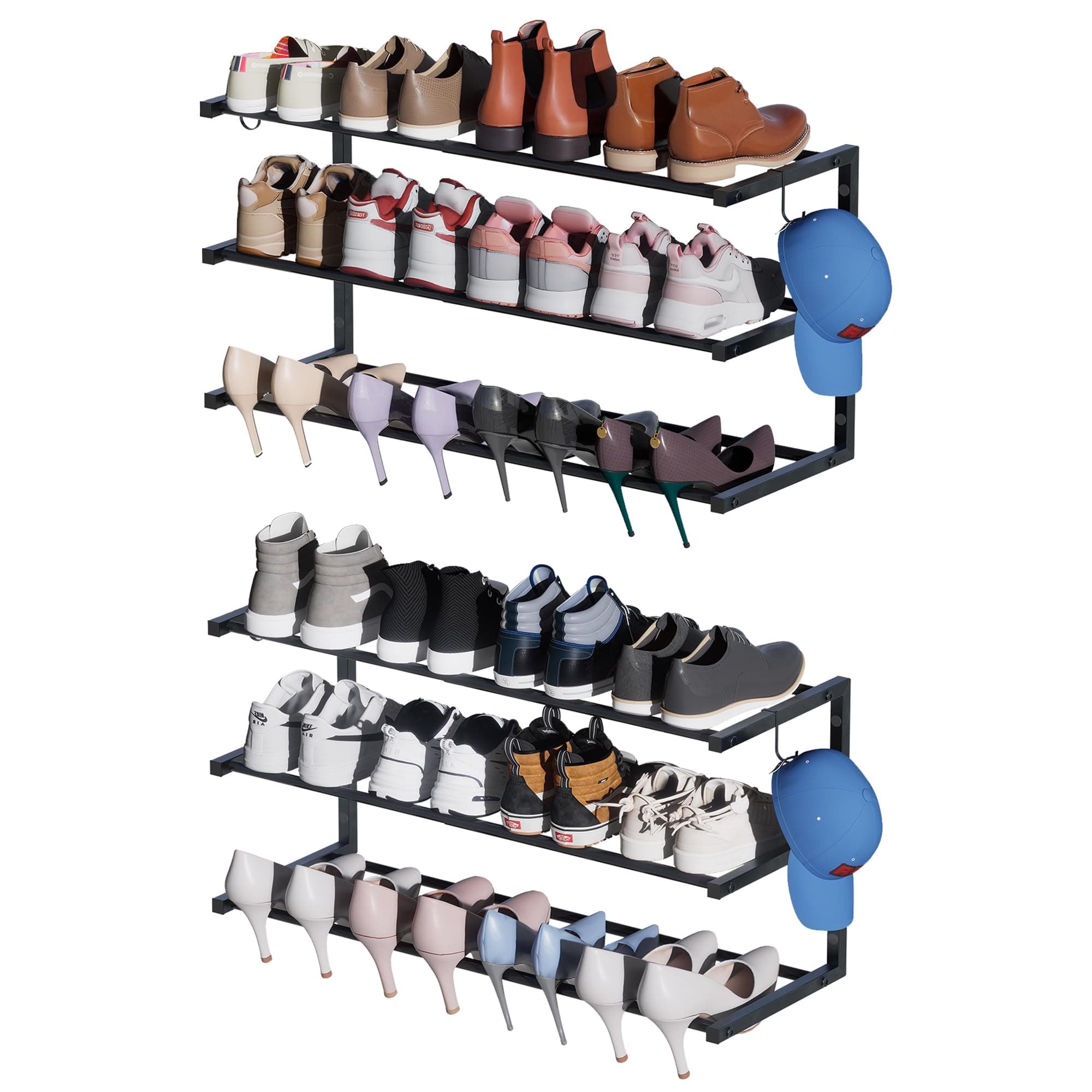 2 Pack Wall Mounted Shoe Rack, 3 Tier Hanging Shoe Rack Holds 24 Pairs, 17"-30"Adjustable Heavy Duty Shoe Organizer Holder with 4 Storage Hooks, Space Saving for Closet Entryway, Black, Patent Pending 2 Pack Black