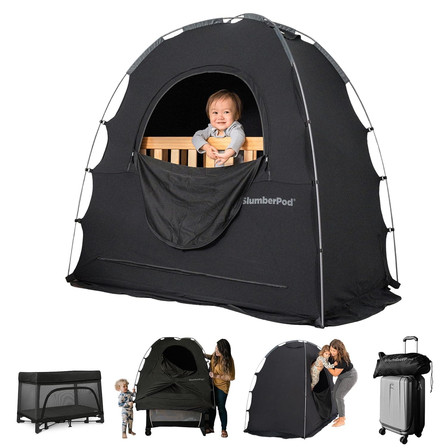 SlumberPod The Original Blackout Sleep Tent Travel Essential for Babies and Toddlers, Mini Crib and Pack N Play Cover, Sleep Pod for Kids with Monitor Pouch and Fan Pouch, Blocks 95%+ Light, Black Black/Grey 3.0 Standard (No Fan)