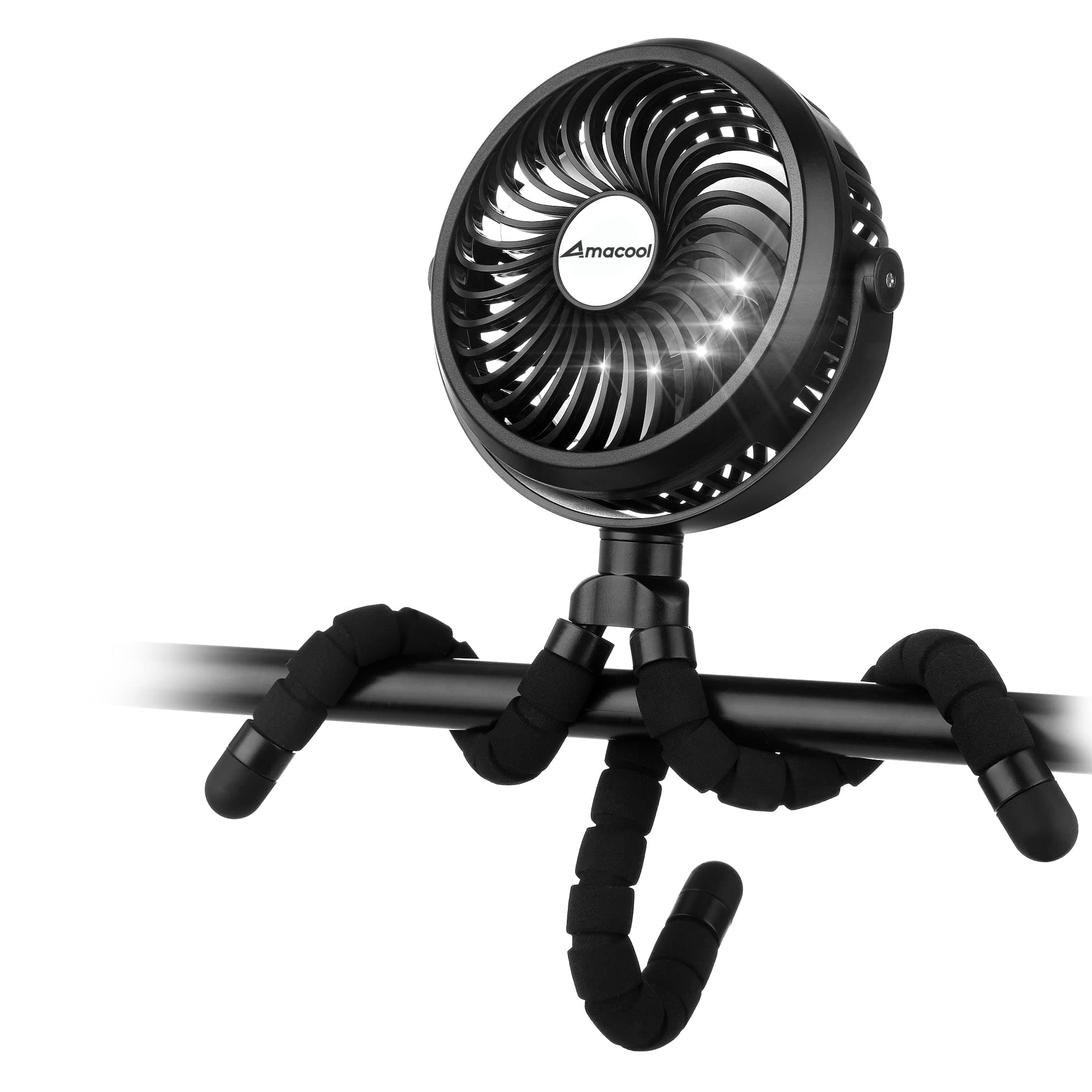AMACOOL Battery Operated Stroller Fan Flexible Tripod Clip On Fan with 3 Speeds and Rotatable Handheld Personal Fans for Car Seat Crib Bike Treadmill (Black)