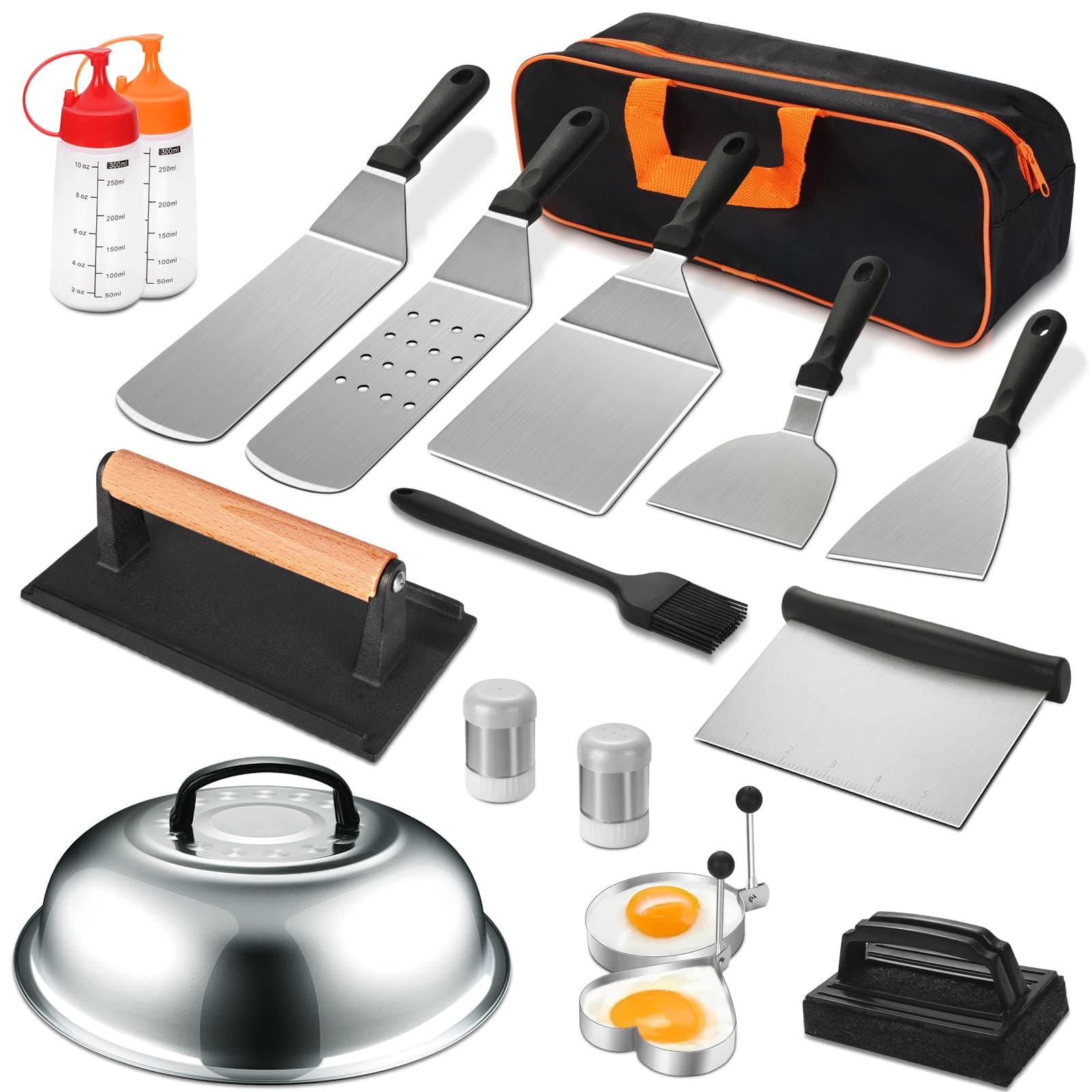 18PCS Griddle Accessories Kit, Flat Top Grill Accessories Set for Blackstone and Camp Chef, Grill Spatula Set with Enlarged Spatulas, Basting Cover, Scraper for Outdoor BBQ Rectangle Bacon Press