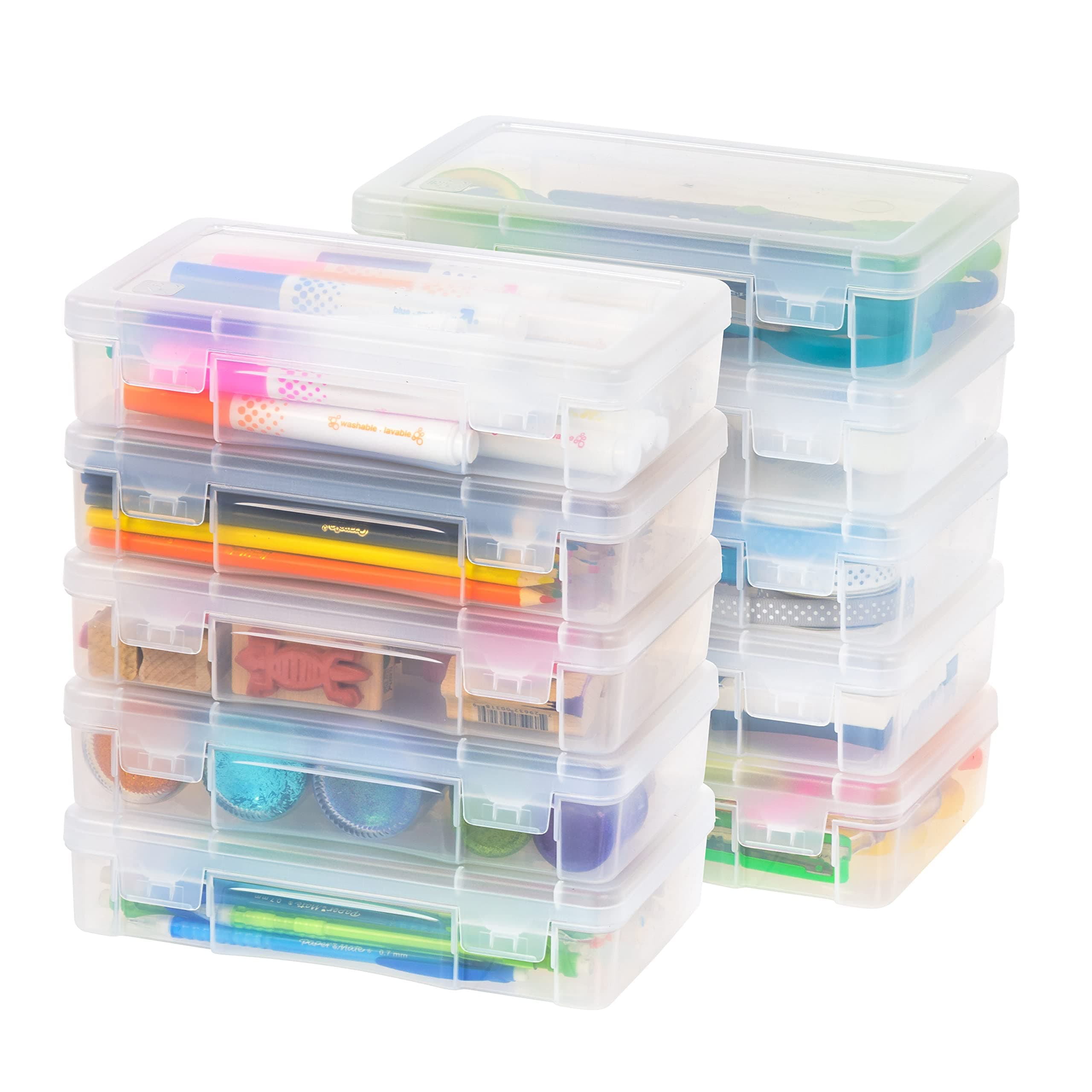IRIS USA Pencil Case Plastic Pouch Box Storage Organizer for Beads, Pens, and Art Supplies, 10-Pack, Stackable Container with Snap Lid for Jewelry, Stickers, and Tackle Box, Clear, Medium Medium - 10 Pack