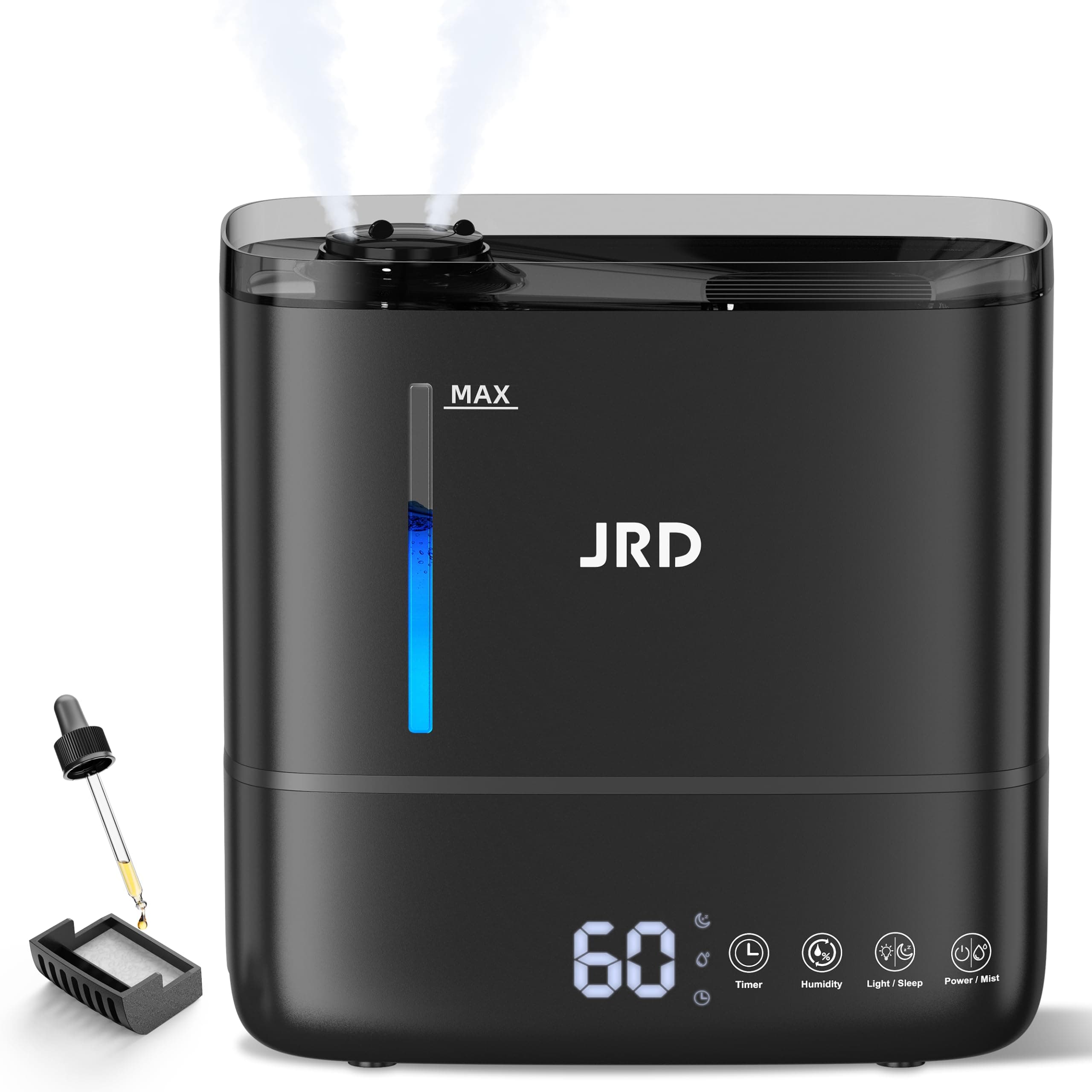 JRD Humidifiers for Bedroom, Ultrasonic Humidifier 4L for Large Room, Cool Mist Top-Fill, 40H Run, 12H Timer, 360° Nozzle, Aroma Diffuser, 7-Color Night Light for Home, Office, Baby, Pets, Plants HT-4L Black