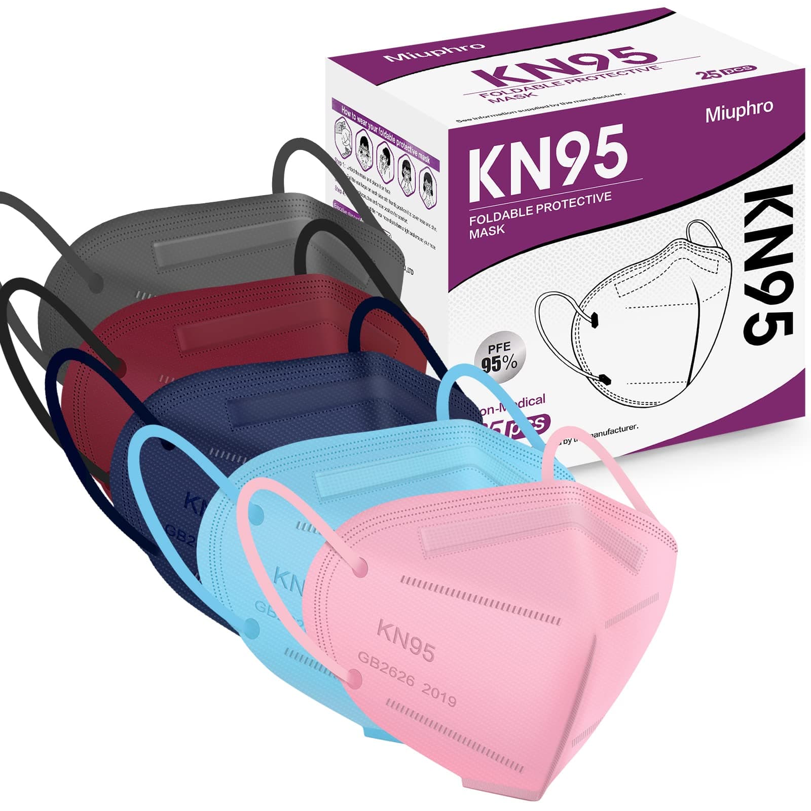 Miuphro KN95 Disposable Face Mask Multicolor KN95 Safety Masks, 5-Ply Breathable Respirator Protection Masks for Man and Women 25 Pack 1 Count (Pack of 25)