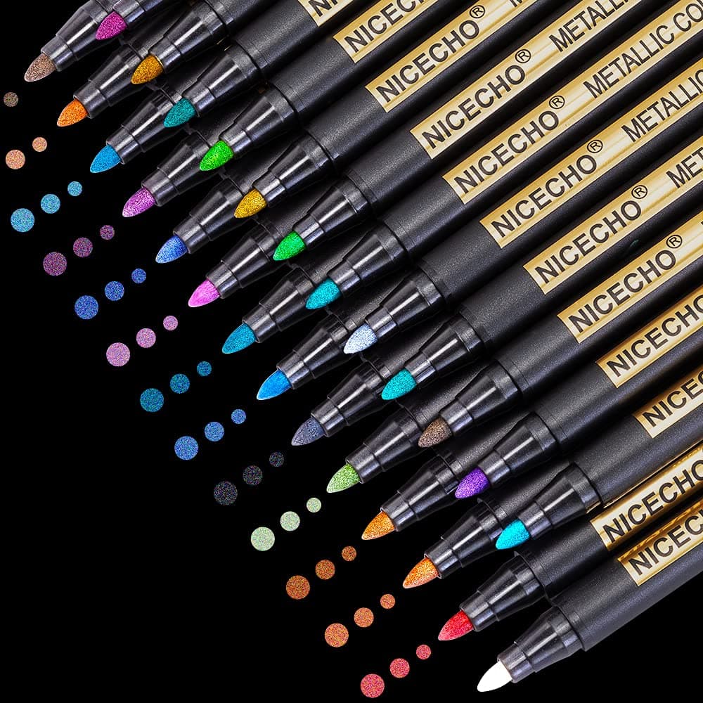 Nicecho Metallic Markers Pens, 26 Colors Medium Tip Metallic Markers for Black paper, Card Making, Easter Egg, Rock Painting, Scrapbook Crafts, DIY Photo Album