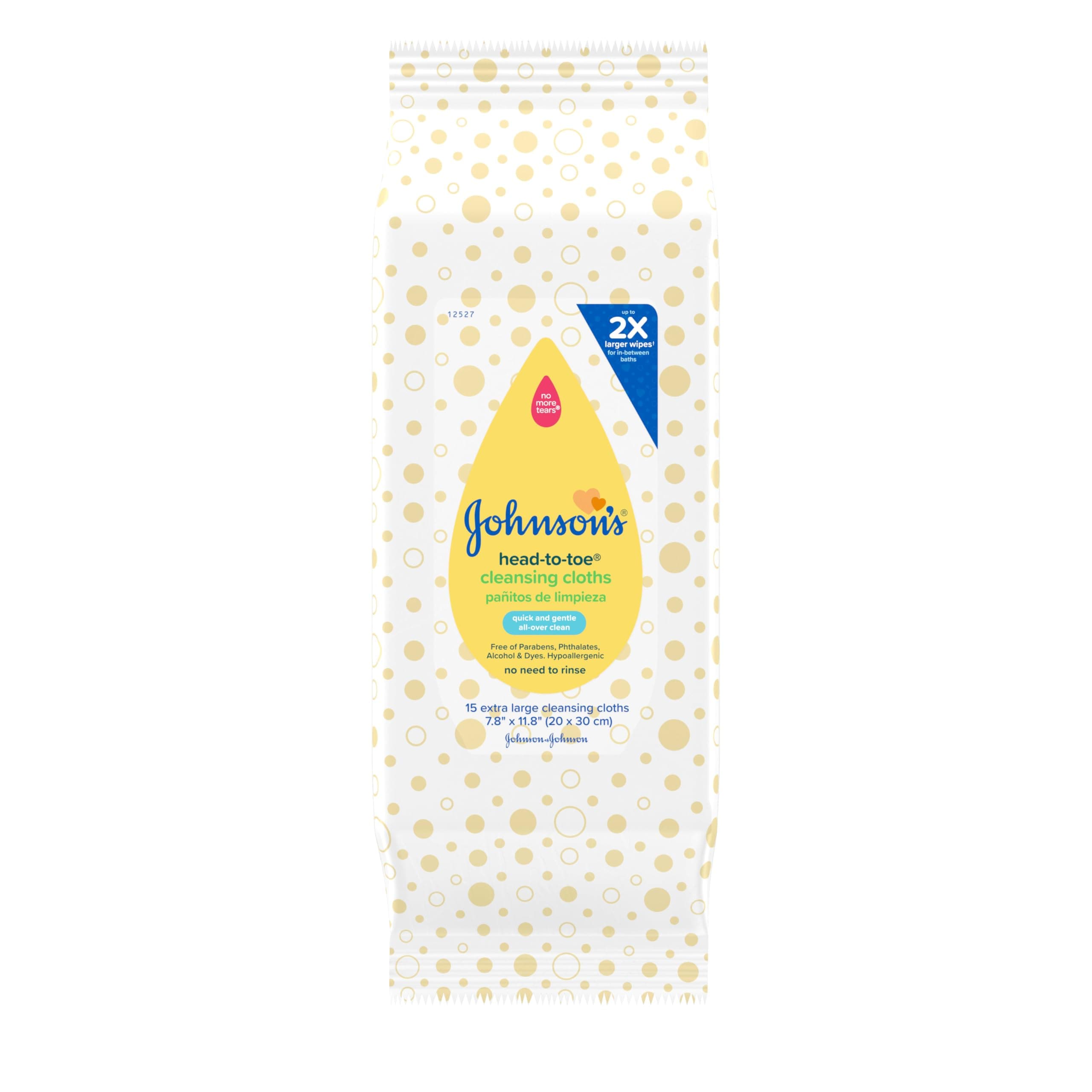 Johnson's Baby Head-to-Toe Gentle Cleansing Cloths, No Rinse, Disposable Pre-Moistened Baby Bath Wipes, Hypoallergenic Newborn Essentials, Head-to-toe Wipes, Paraben-Free 15 ct 15 Count (Pack of 1)