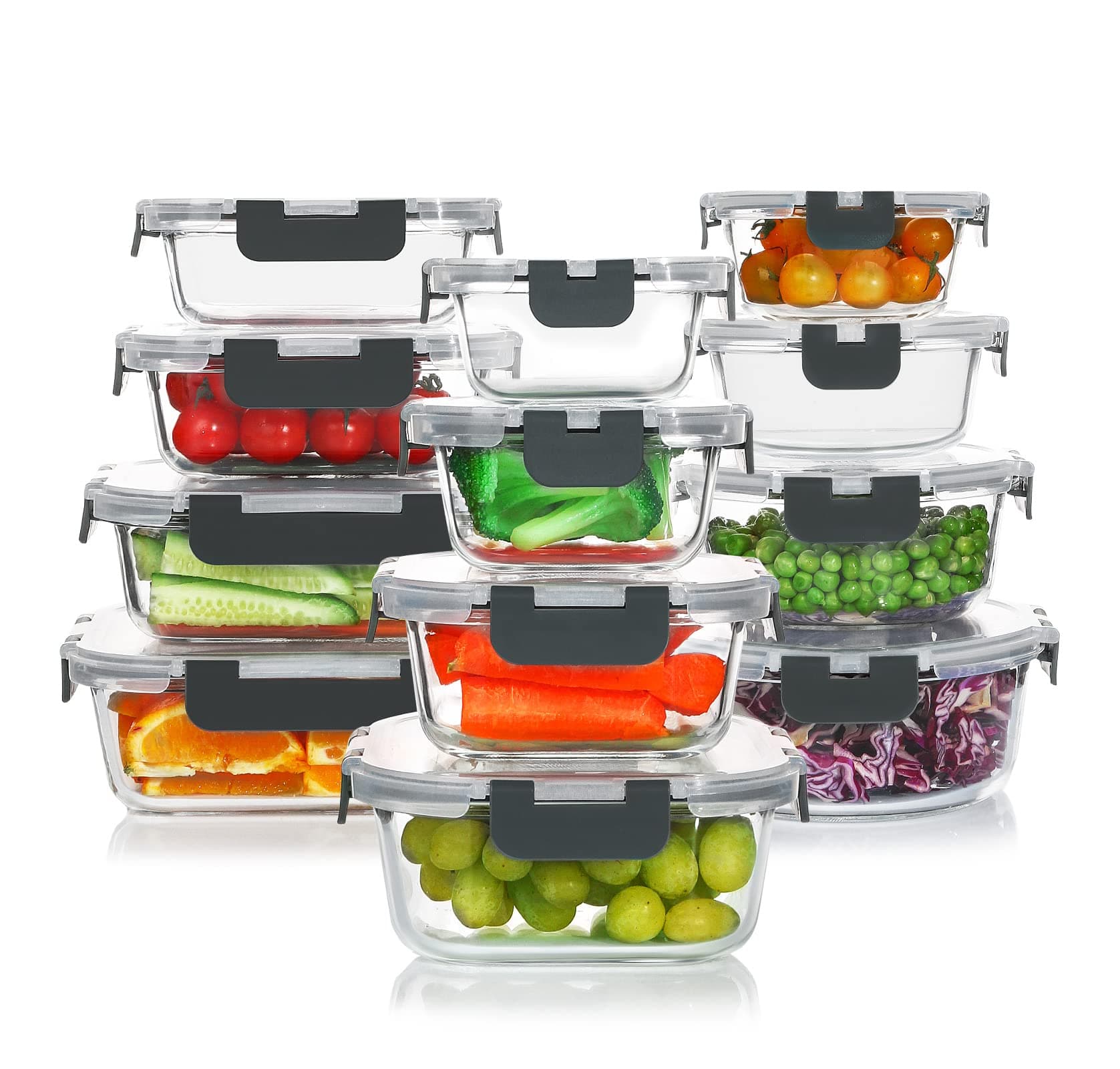 KOMUEE 24 Pieces Glass Food Storage Containers Set,Meal Prep Containers-Stackable Airtight Glass Storage Containers with lids,Freezer, Microwave, Oven Safe,Gray