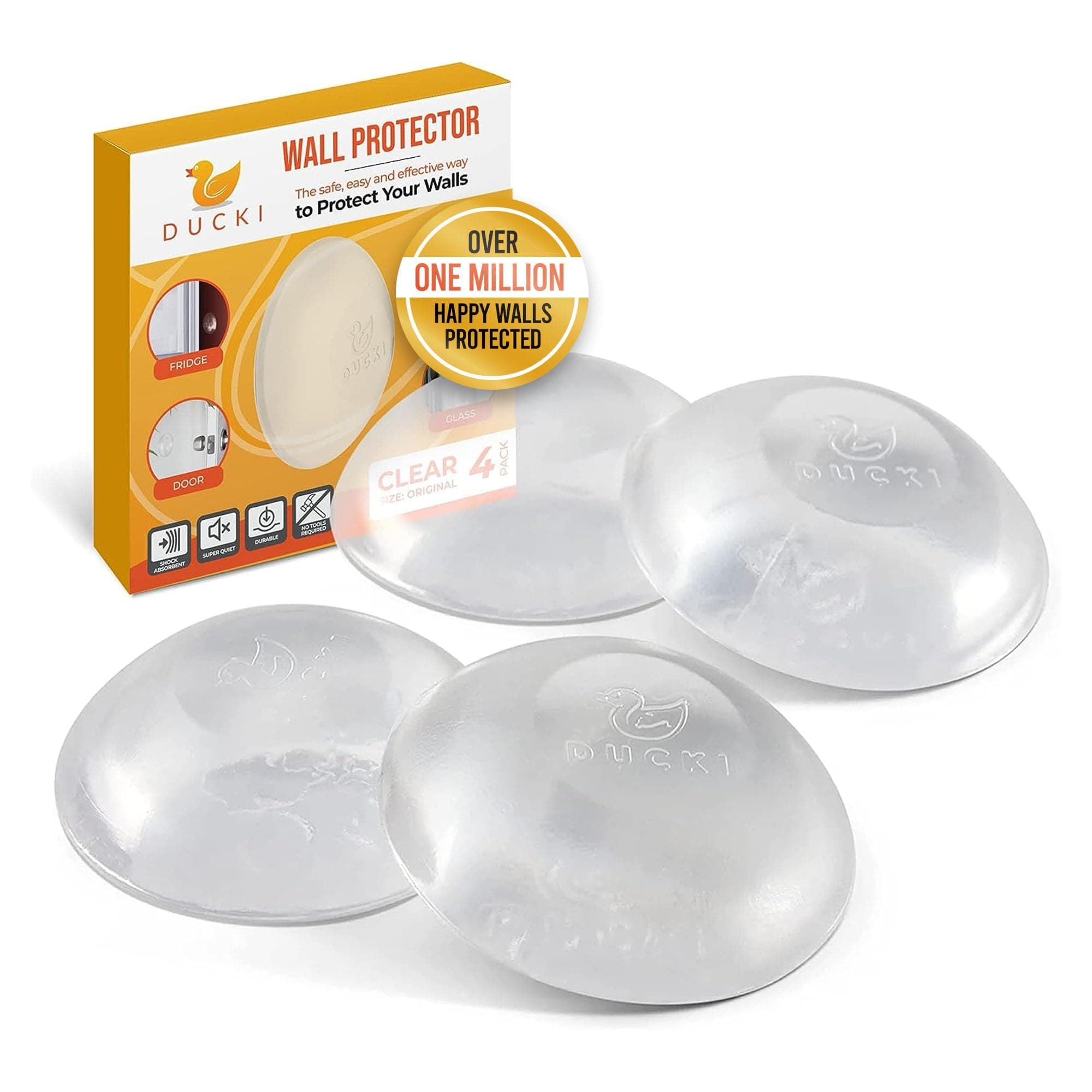 Ducki Door Stop Wall Protectors, 4 Pack Clear, Self Adhesive Reusable Solution for Stopping Wall Damage & Noise from Doors, Refrigerators, & in Your Home or Office, Durable Shock Absorbent & Discreet Clear 2 inch (4 Pack)