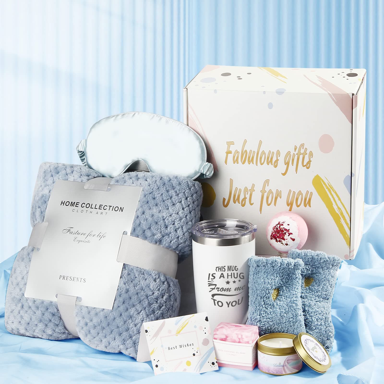 Gifts for Women, Gifts for Mom, Care Package for Women, Relaxing Spa Gift Set, Birthday Baskets, Unique Holiday Gifts Basket for Her, Sister, Mom, Girl Friend, Best Friends Blue