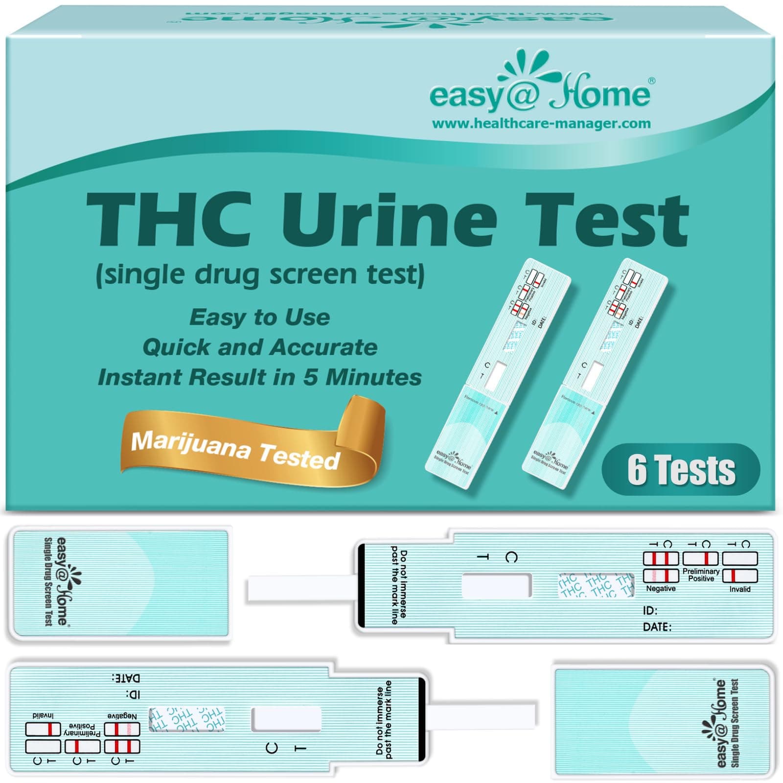 Easy@Home THC Drug Test Kit - Marijuana/Weed Urine Tests for Home Use (6 Pack), 50ng/ml Cutoff Level THC Single Panel Testing Kits, #EDTH-114 6 Count (Pack of 1)