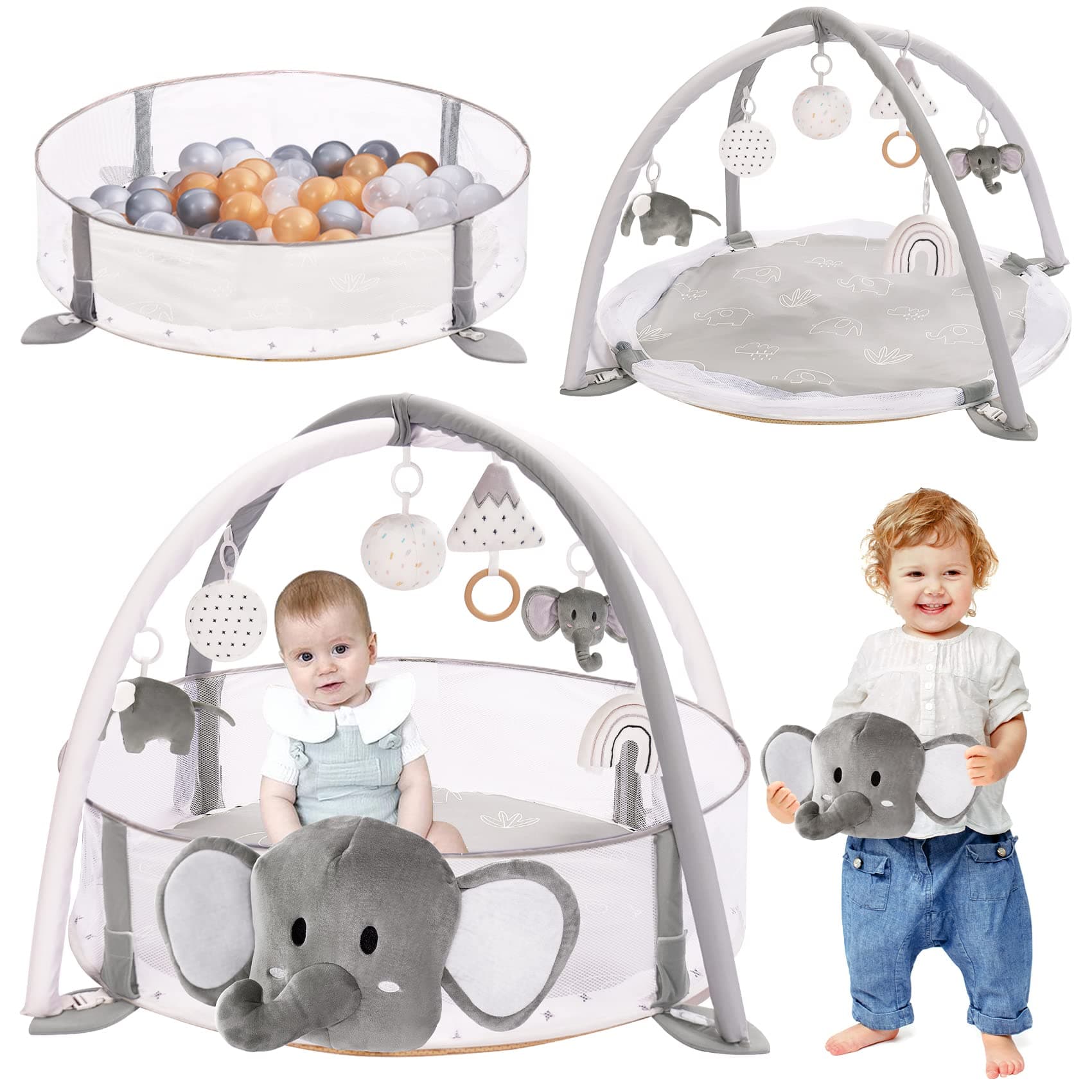5-in-1 XL Large Baby Gym & Ball Pit, Play Mat & Play Gym, Combination Baby Activity Gym with Milestone Cards for Sensory Exploration and Motor Skill Development, Balls are not Included Grey