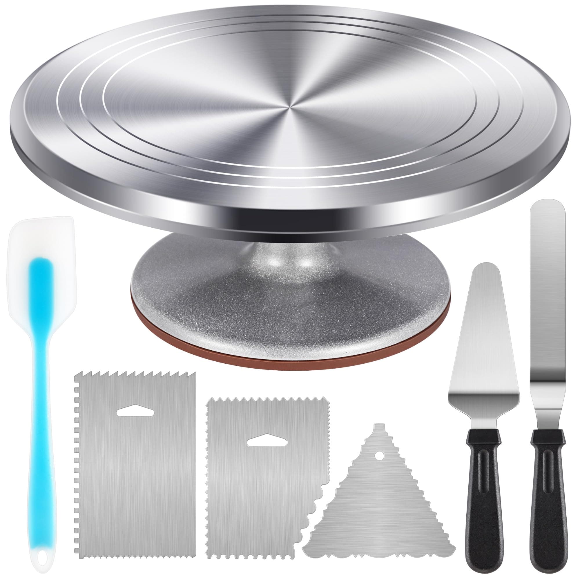 Kootek Aluminium Cake Turntable Set, Baking Tools with Revolving 12" Cake Stand for Decorating, 12.7" Offset Spatula, 3 Stainless Steel Frosting Icing Smoother, Cake Serve Cake Decorating Kit Supplies Silver