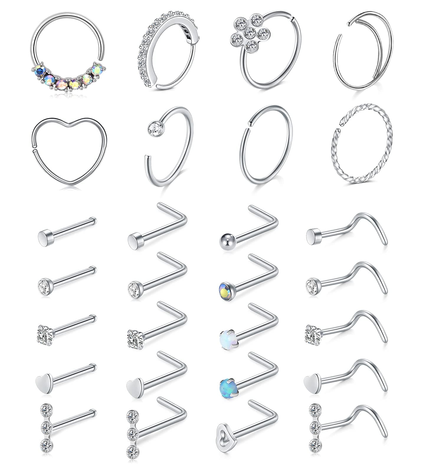 Mayhoop 20g Nose Rings Hoops And Studs For Women Men - Hypoallergenic 316L Surgical Stainless Steel L Shape Nose Screw Bone Silver Rose Gold Black Rainbow Pack 28Pcs 2#Silver