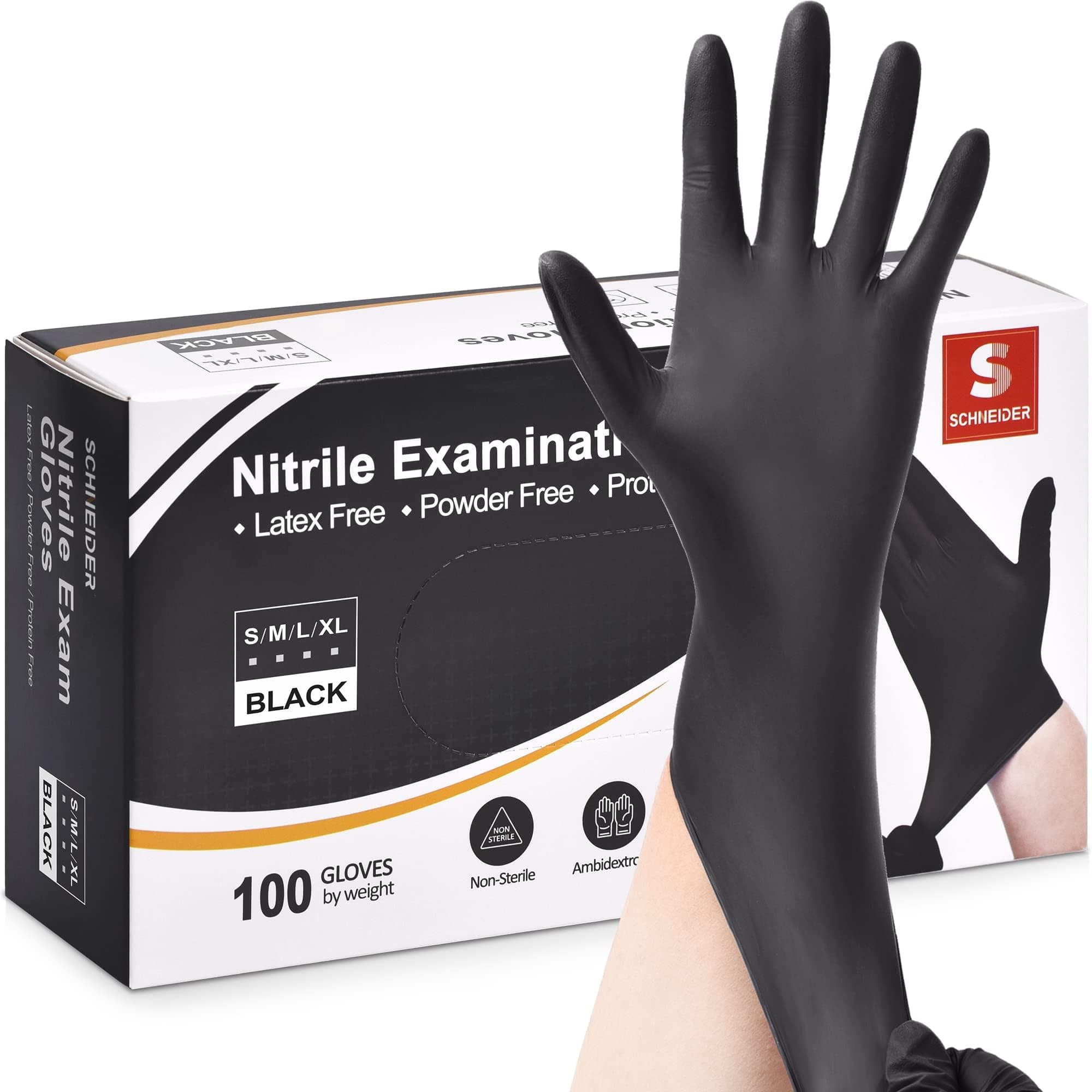 Schneider Nitrile Exam Gloves, Black, Medium, 100-ct Box, 4-mil, Latex-Free, Powder-Free, Food-Safe (NBFK7102) Medium 100 Count(box of 100)