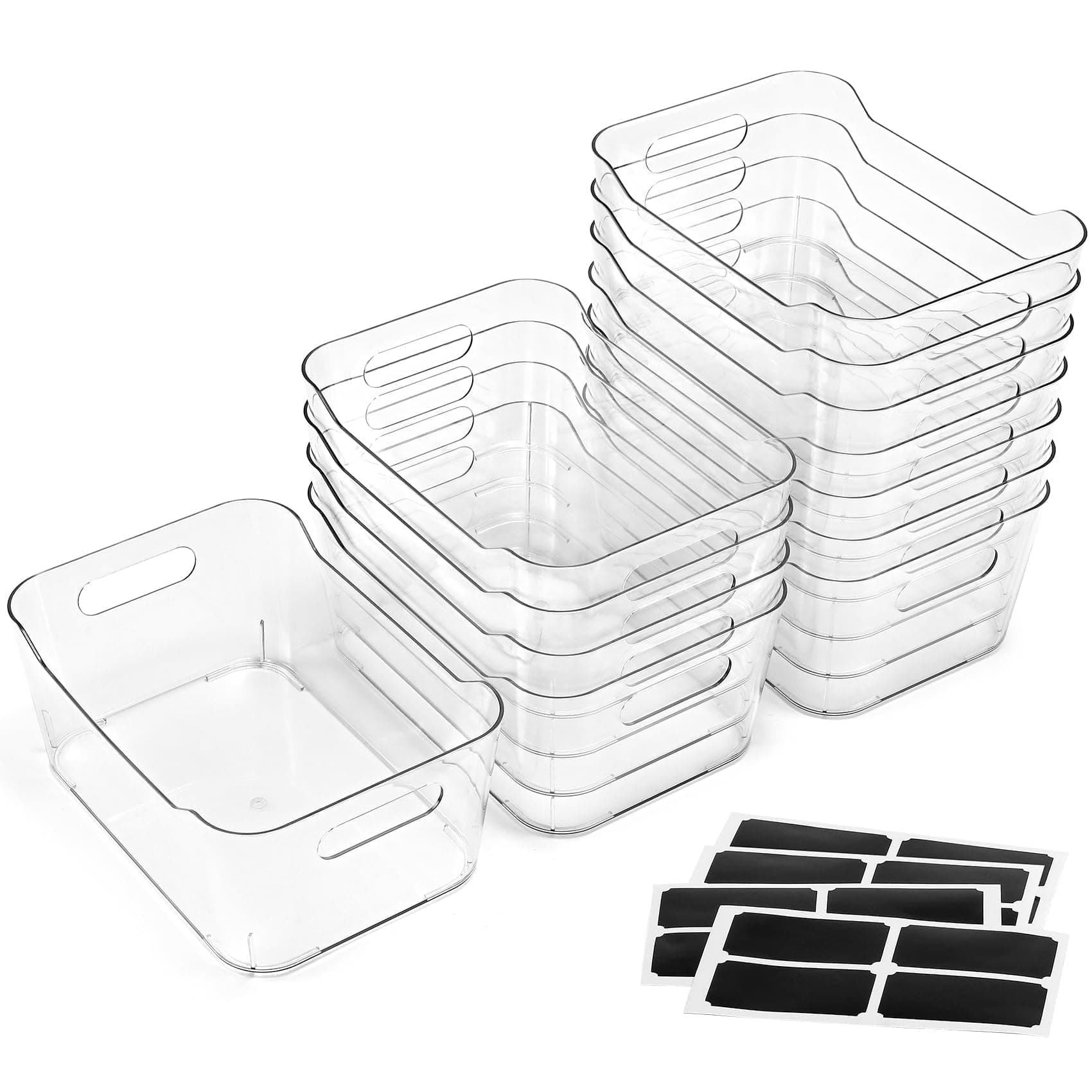 12 PACK Multi-Use Clear Plastic Storage Bins for Organizing w/ Labels - Home, Kitchen, Bathroom, Office, Pantry Cabinet Shelf Organizer Bins - SOHO Collection, RV, Fridge Organization Containers Medium