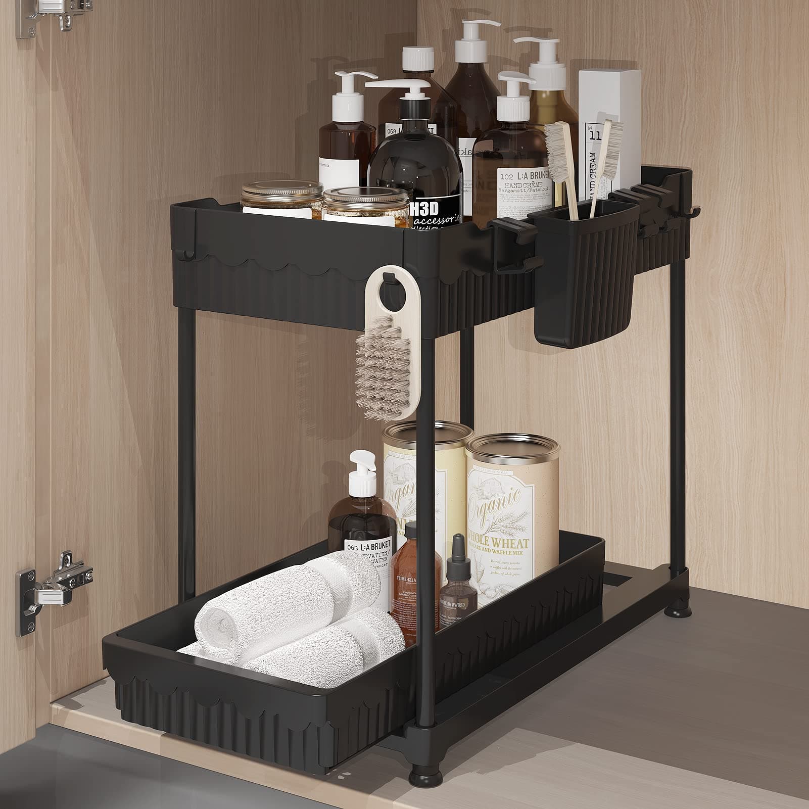 Under Sink Organizer, Under Bathroom Cabinet Organizer with Hooks Hanging Cup, Multi-Use Under Kitchen Cabinet Storage Shelf