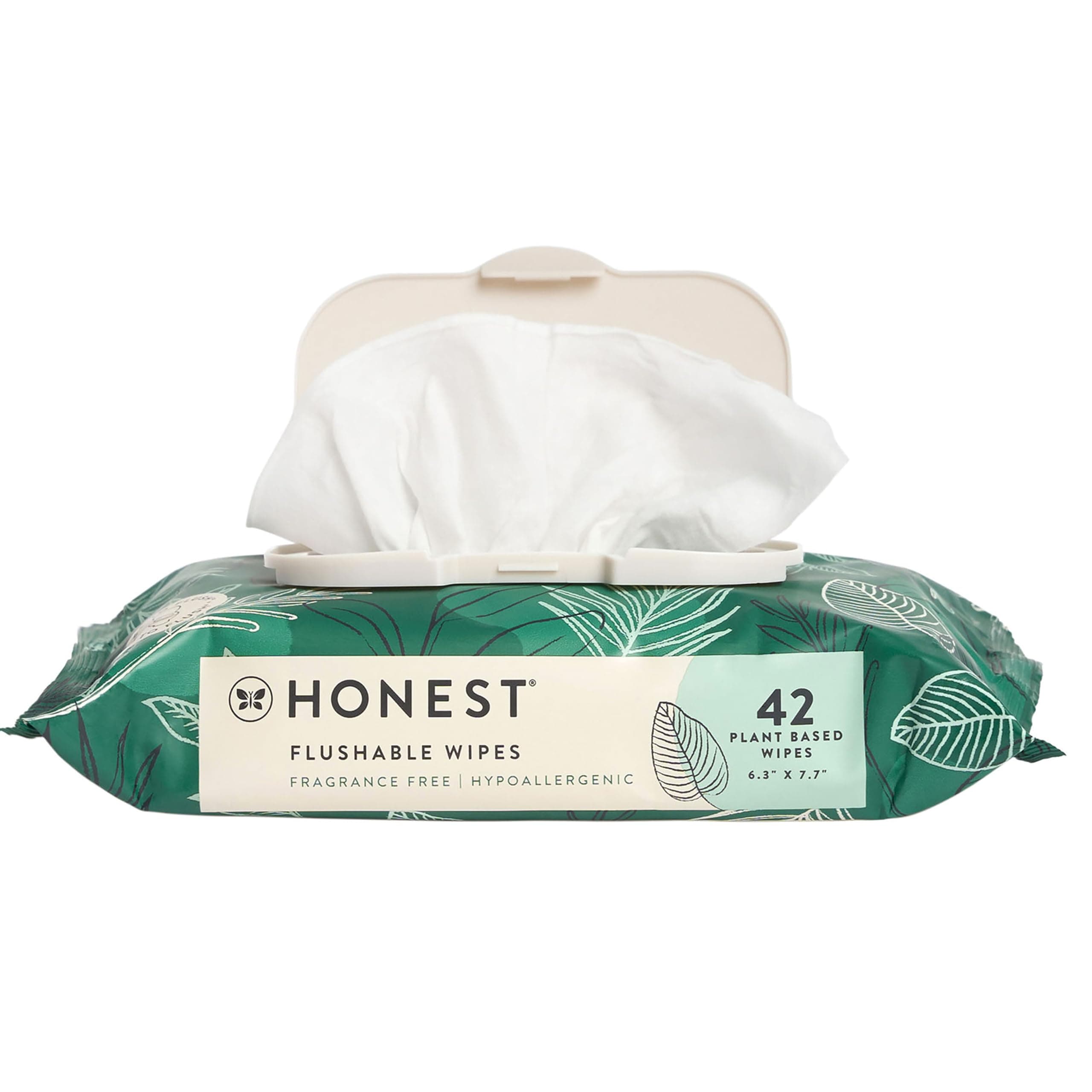 The Honest Company Flushable Wipes for Sensitive Skin | Fragrance Free, Hypoallergenic, 99% Water, Safe to Flush | pH Balanced Feminine Wipes | Tropical Leaves, 42 Count Tropical Leaves 42 Count (Pack of 1)