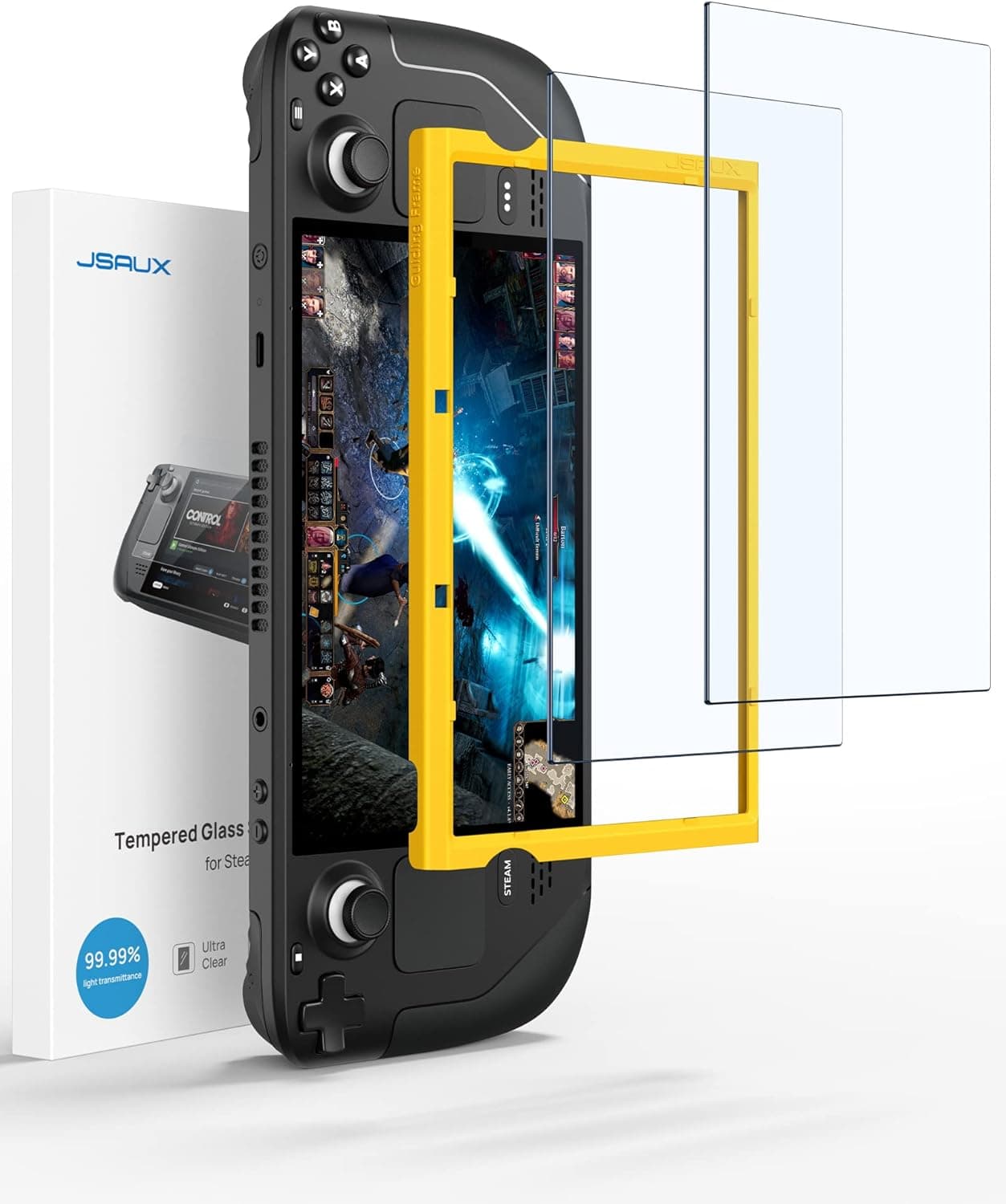JSAUX 2-Pack Screen Protector for Steam Deck, Ultra HD Glass Protector 9H Hardness Easy to Install with Guiding Frame Scratch Resistant Tempered Glass for Steam Deck OLED, Come with Toolkits HD Clarity
