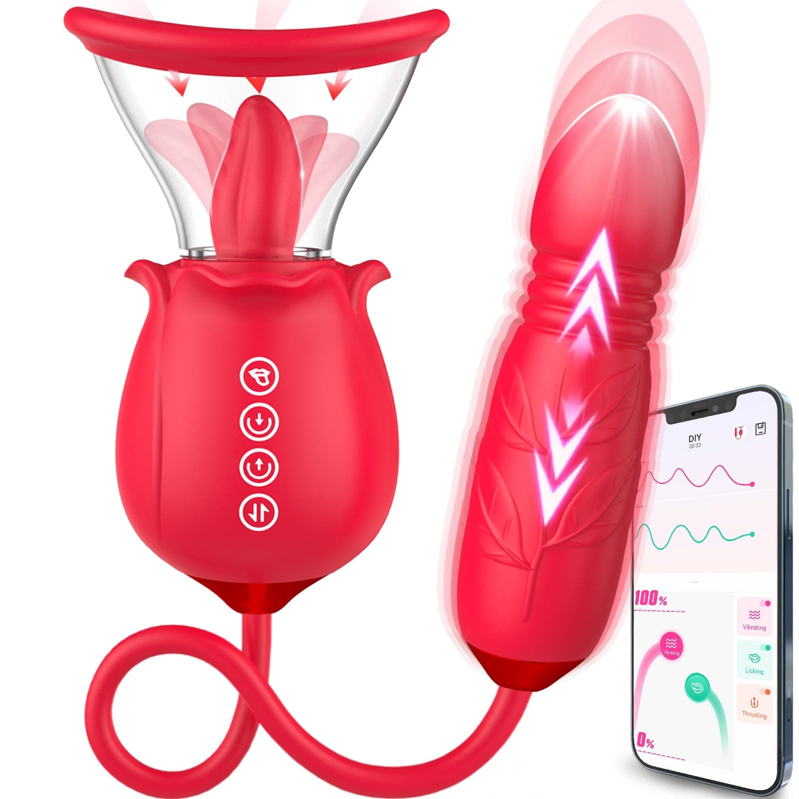 Rose Sex Toy for Womens Sex - 3in1 Upgrade Rose Sex Stimulator for Women with 7 Tongue Licking & 3 Thrusting Vibrator Dildo Adult Sex Toys for Couples G Spot Vibrators Clitoral Nipple color1-hotred