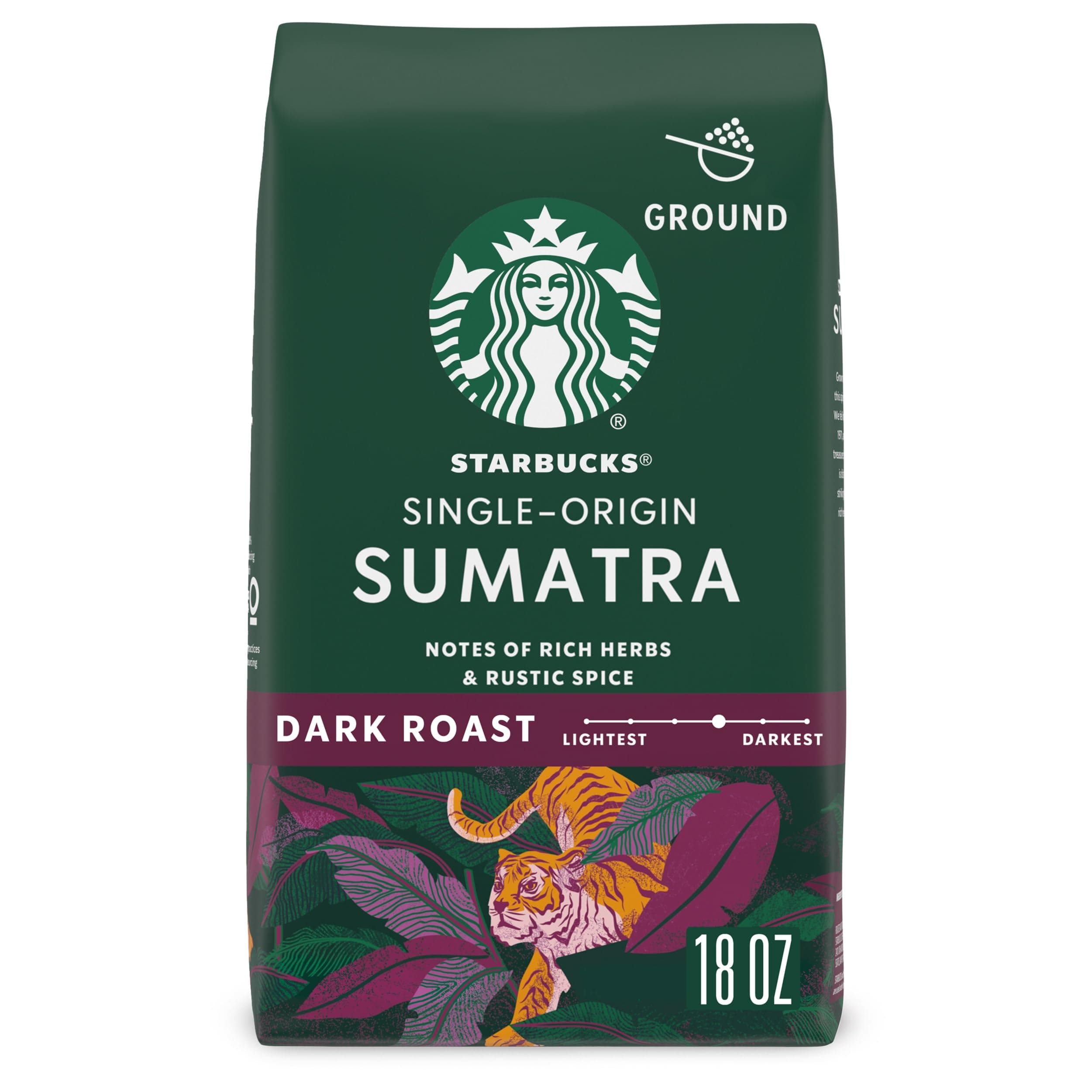 Starbucks Ground Coffee, Dark Roast Coffee, Sumatra, 100% Arabica, 1 bag (18 oz) Sumatra 18 Ounce (Pack of 1)