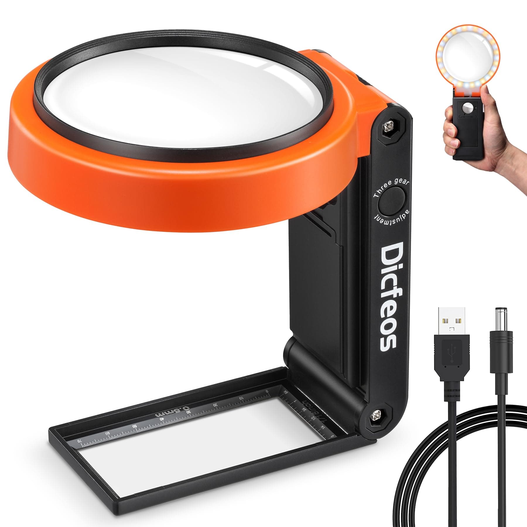 Dicfeos 30X 40X Magnifying Glass with Light and Stand, Non-Rechargeable, Folding Design 32 LED Illuminated for Close Work, Handheld Large Glasses Reading, Powered by Battery or USB