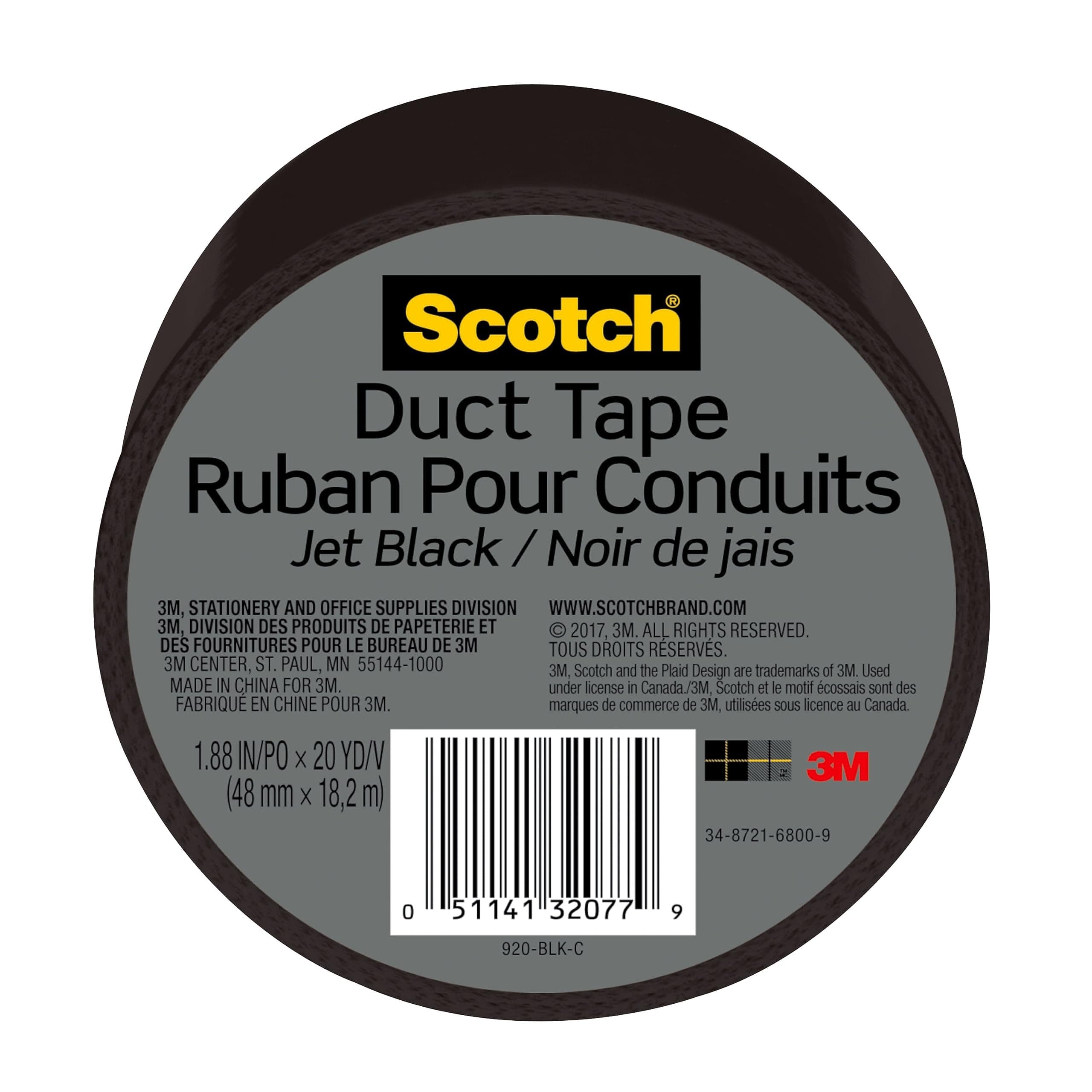 Scotch Duct Tape, 1.88 in x 20 yd, Jet Black, 1 Roll (920-BLK-C) Jet Black 20 yd x 1.88"(Pack of 1)