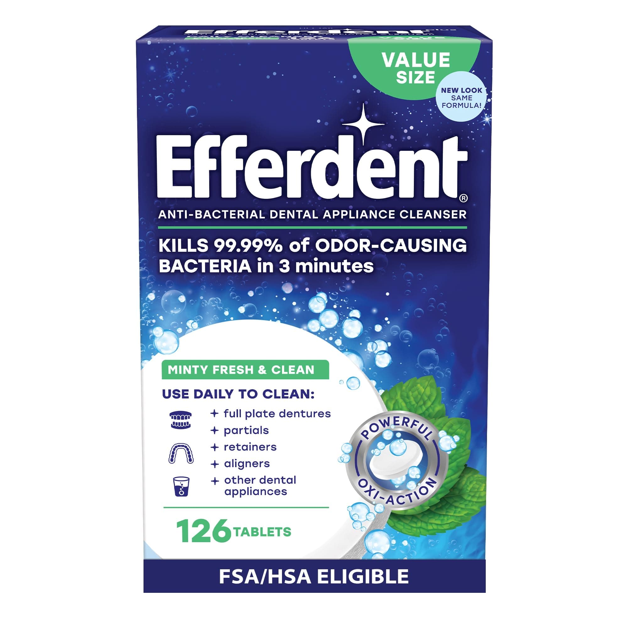 Efferdent Retainer Cleaning Tablets, Denture Cleaning Tablets for Dental Appliances, Minty Fresh & Clean, 126 Count 126 Count (Pack of 1) Denture Cleanser Tablets Tablets