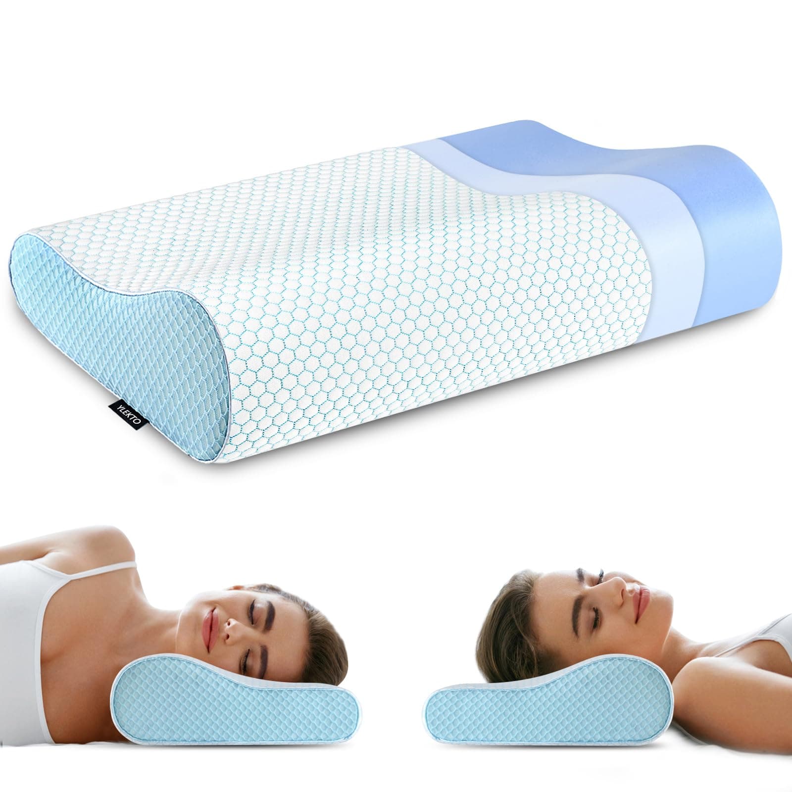 Memory Foam Pillows Neck Pillow Bed Pillow for Sleeping Ergonomic Cervical Pillow Orthopedic Contour Pillow for Side Back Stomach Sleeper Blue Queen(23.6*14*4.9inches)