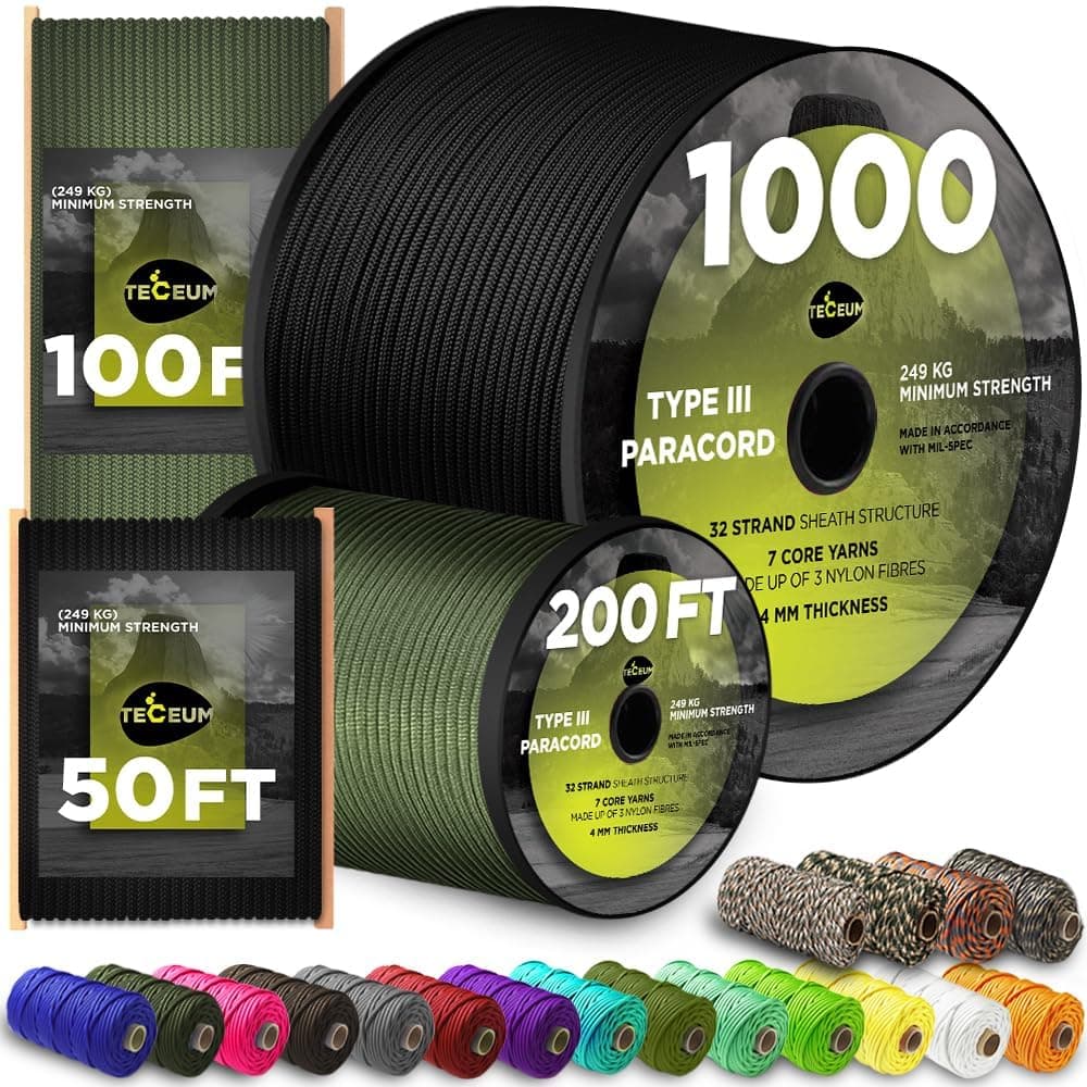 TECEUM 5/32" Paracord Rope 1000 β 1000ft / 200ft / 100ft / 50ft β Tactical Parachute Cord 4mm β 45+ Colors β Nylon String for Survival & Camping Gear β Stripe Cord for Survival β Utility Rope Black 100 ft