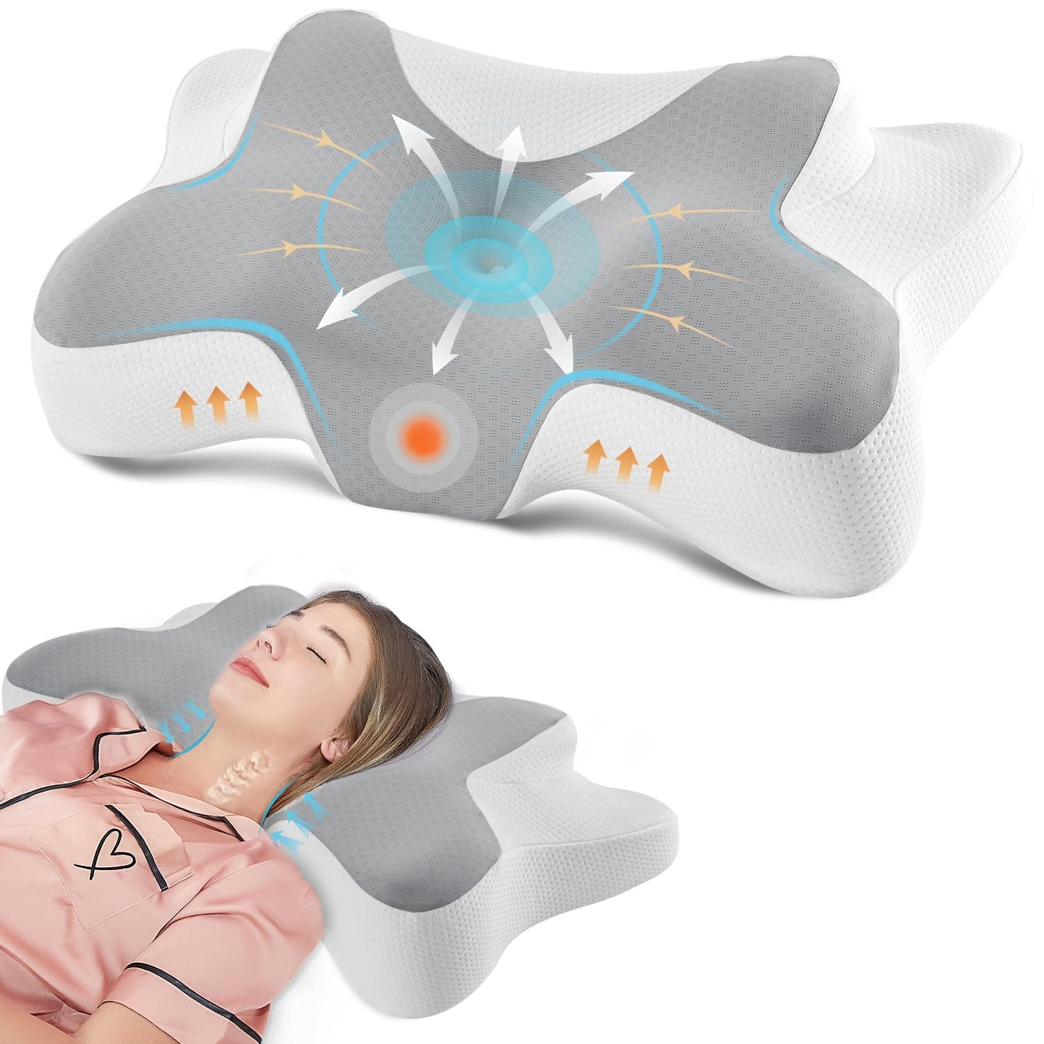 DONAMA Cervical Neck Pillow for Pain Relief,Odorless Contour Memory Foam Pillows with Cooling Pillowcase Cozy Sleeping, Orthopedic Ergonomic Bed Pillows for Side Back Stomach Sleepers Grey Queen Size 25.2"Lx14.6"Wx5.1"H