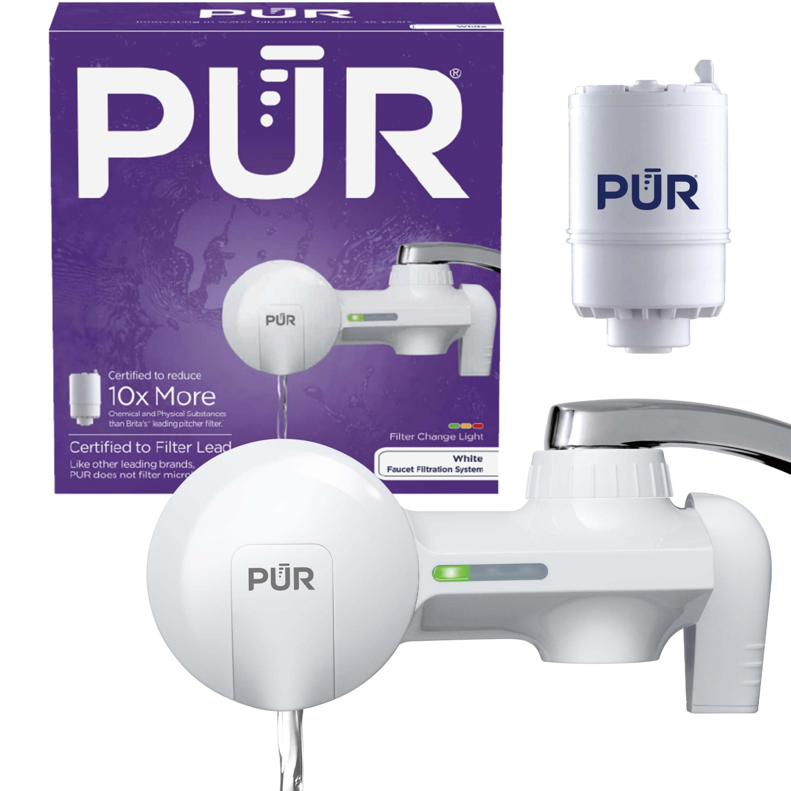PUR Horizontal Faucet Mount Water Filtration System with Lead Reducing Filter for Cleaner, Filtered Tap Water, Lasts 100 Gallons, Sink Water Filter, Fits Most Kitchen or Bathroom Faucets, White White 1 Count (Pack of 1) PUR Filter